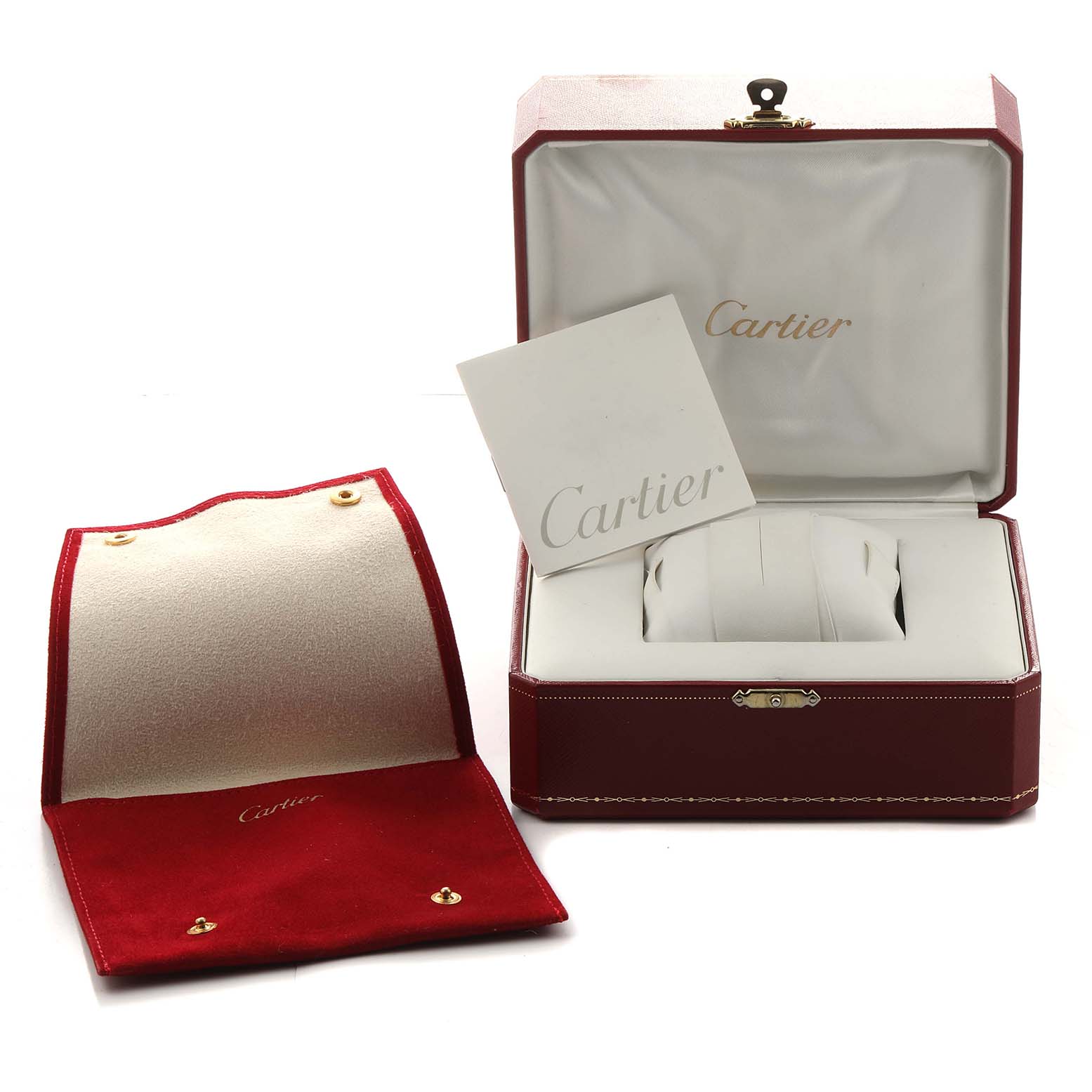The image shows an open red Cartier watch box, a Cartier booklet, and a red travel pouch for the Santos model.