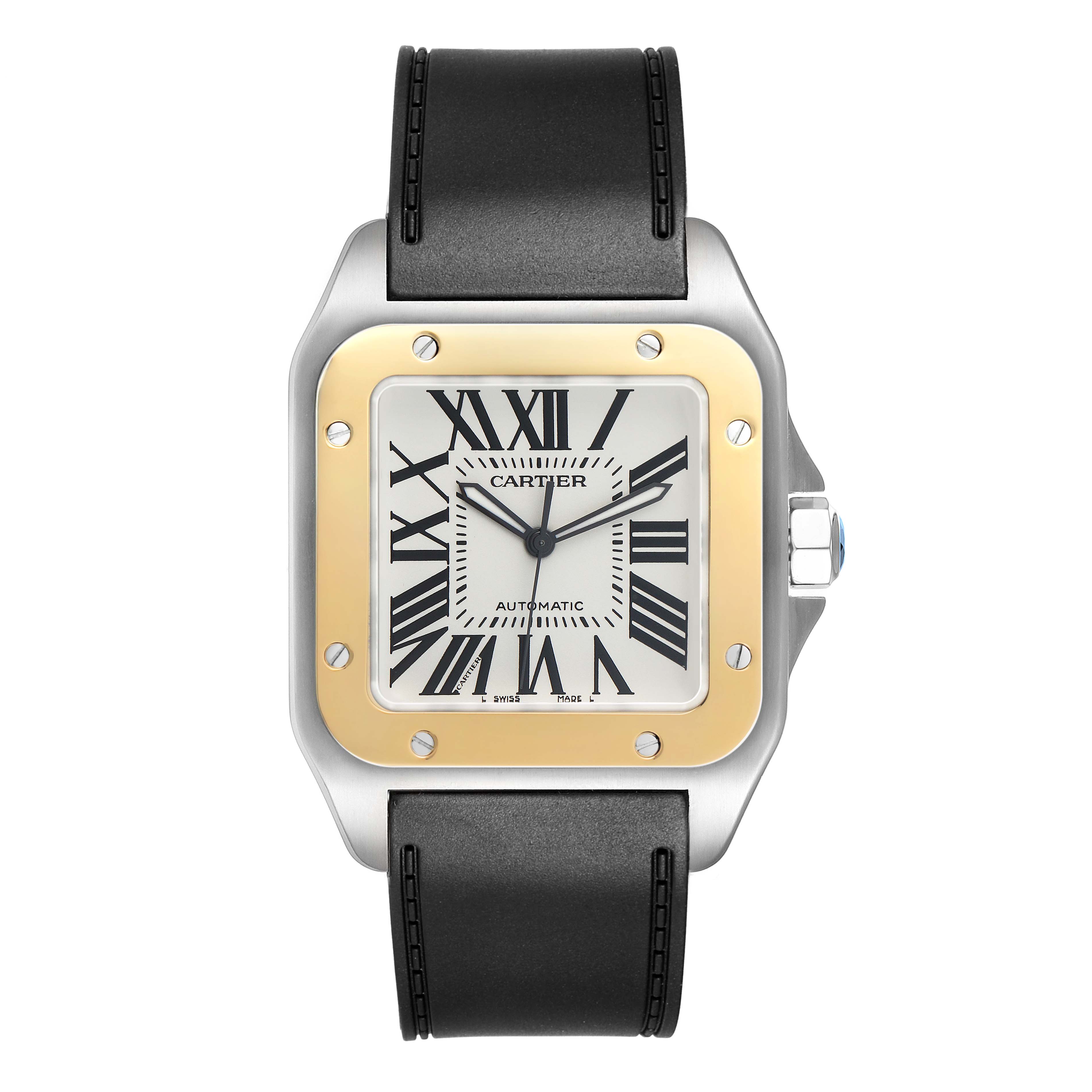 The Cartier Santos W20072X7 Men's Stainless Steel Silver Dial watch is shown from the front, displaying its face, bezel, and black strap.