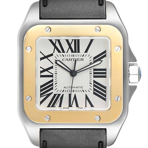 The image shows a Cartier Santos W20072X7 Men's Stainless Steel Silver Dial watch face and case, featuring a mix of steel and gold with Roman numerals.