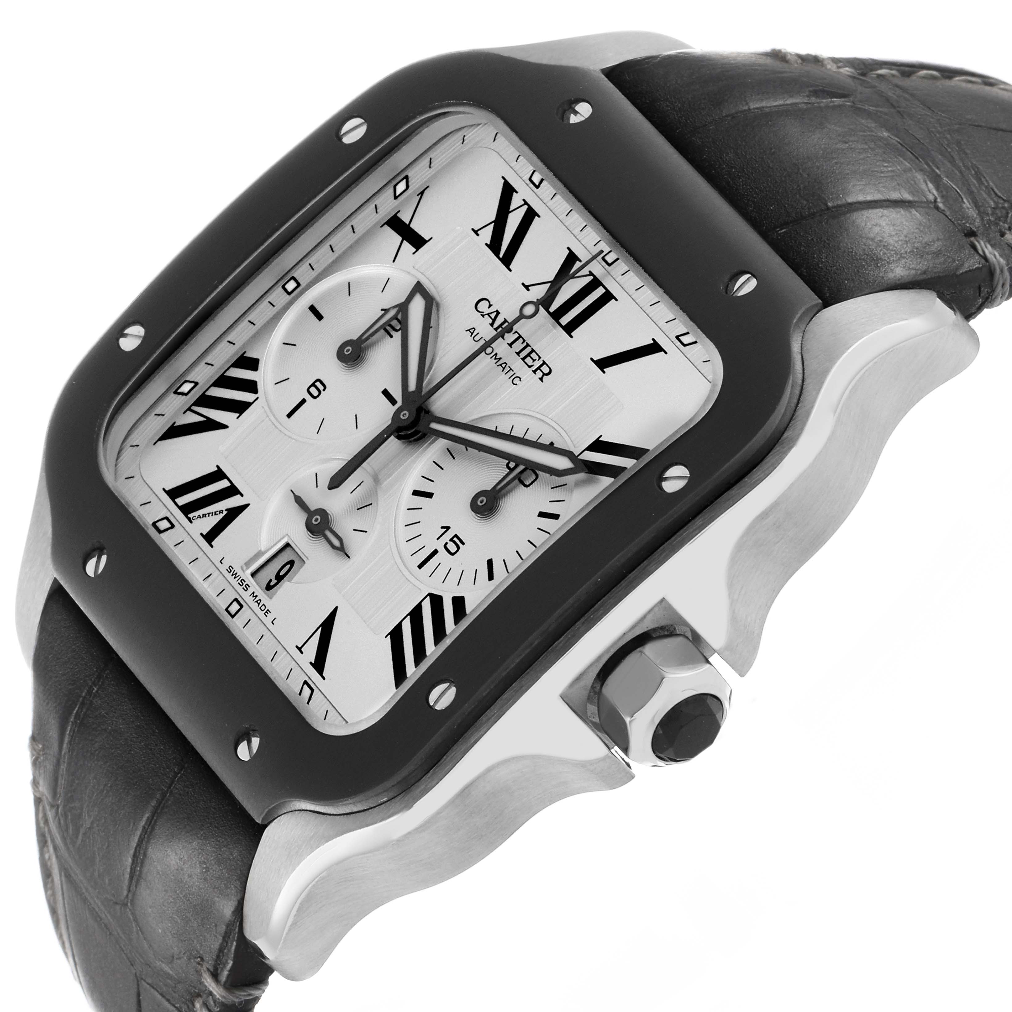 The Cartier Santos WSSA0017 Men's Stainless Steel Silver Dial watch is shown at an angled side view, highlighting its face, bezel, crown, and leather strap.