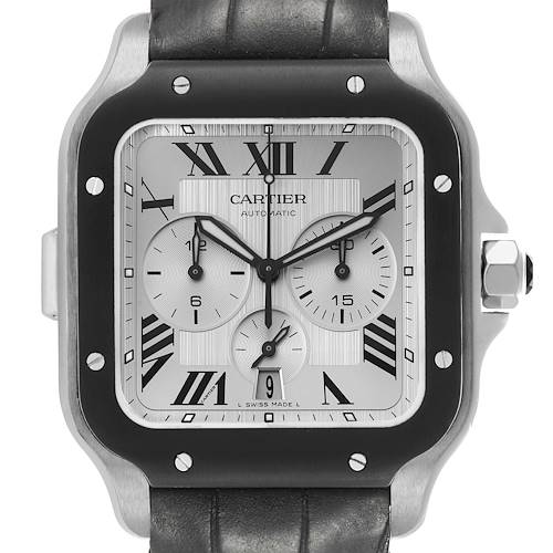 Photo of Cartier Santos 100 XL Chronograph Steel Mens Watch WSSA0017 Box Card
