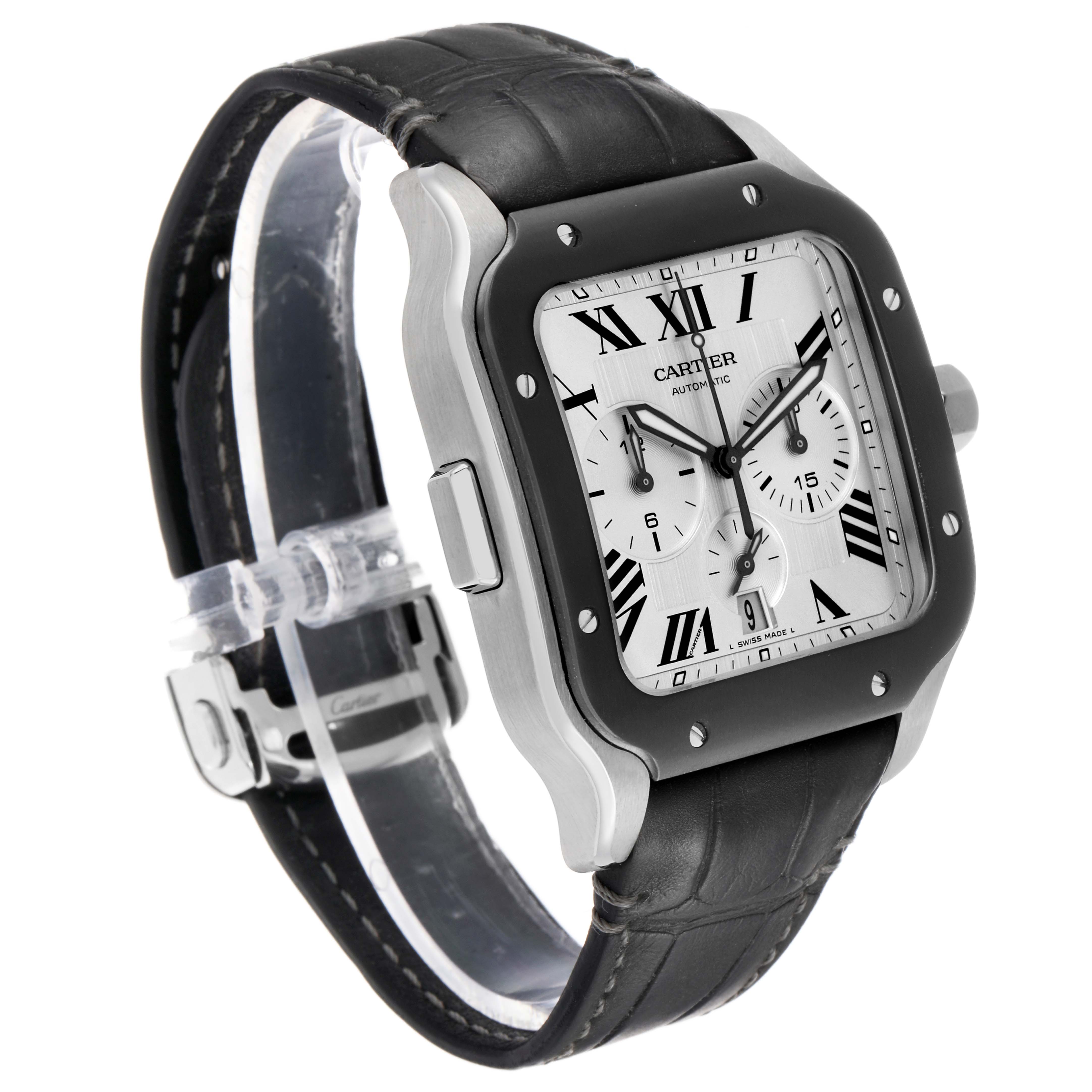 The Cartier Santos WSSA0017 Men's Stainless Steel Silver Dial watch is shown at a 3/4 angle, highlighting the face, bezel, crown, and leather strap.