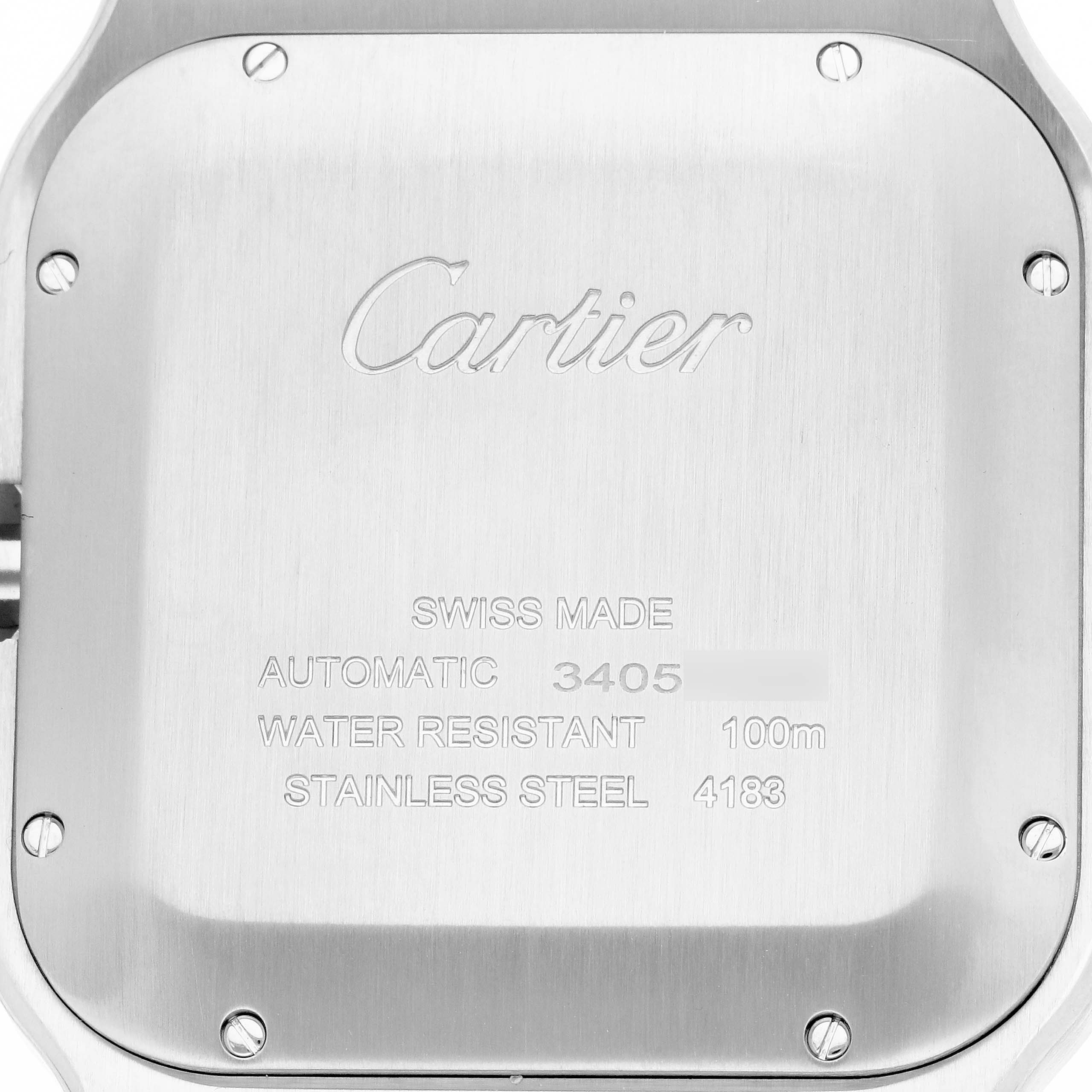 The image shows the back case of the Cartier Santos WSSA0017 Men's Stainless Steel Silver Dial watch, highlighting the engravings.