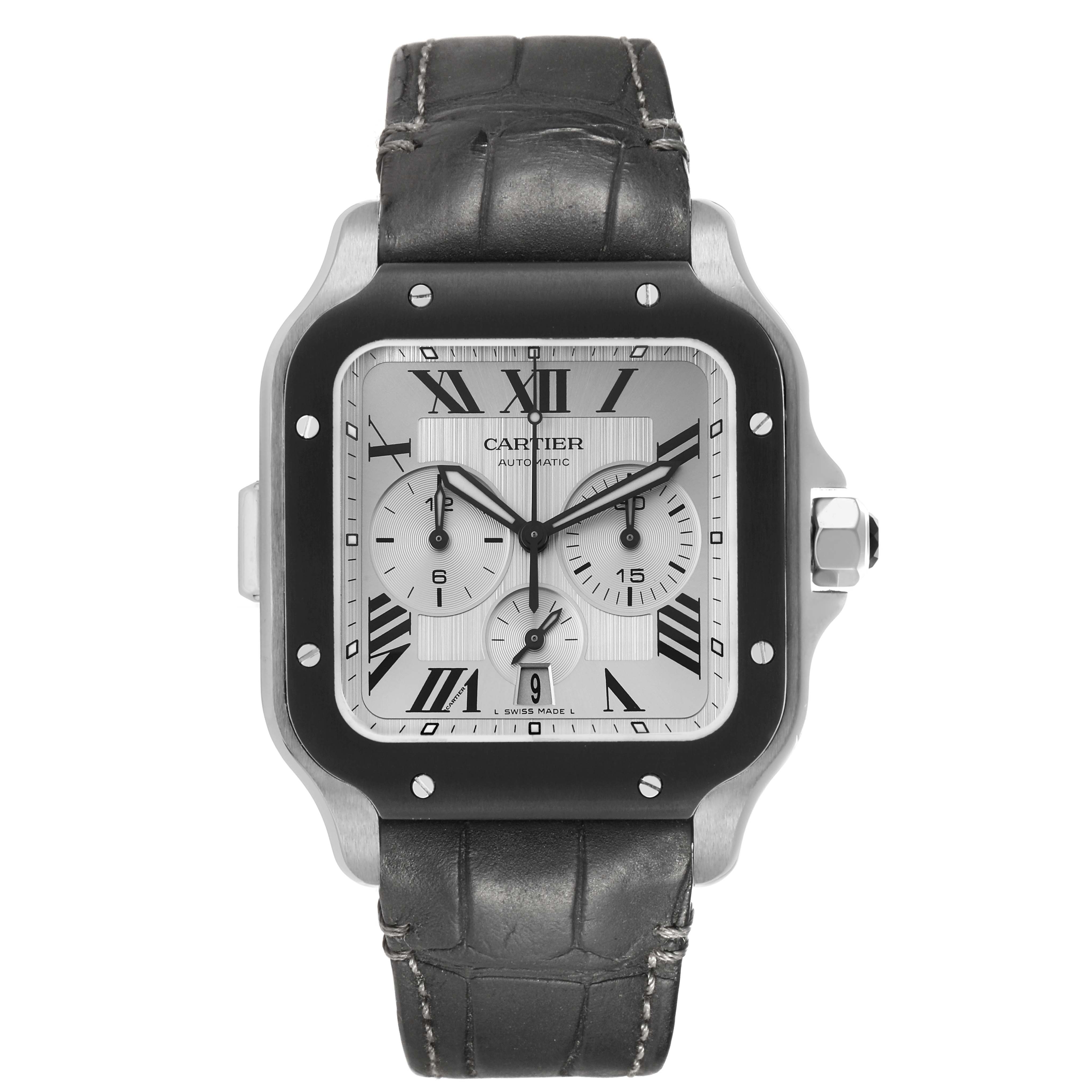 The Cartier Santos WSSA0017 Men's Stainless Steel Silver Dial watch is shown from a front angle, highlighting the black leather strap, square case, and dial with chronograph subdials.