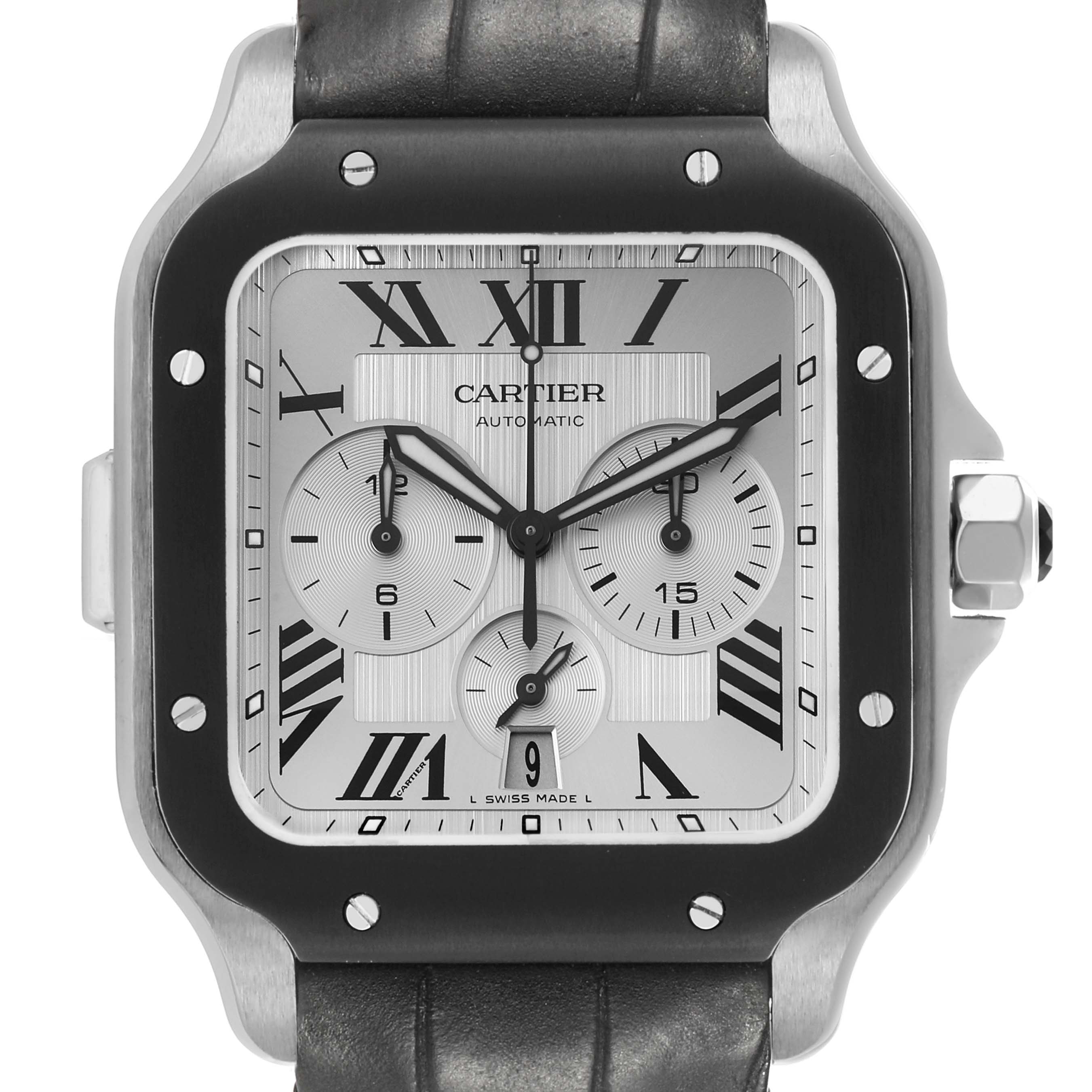 The image shows a Cartier Santos WSSA0017 Men's Stainless Steel Silver Dial watch face-on, displaying its bezel, dial, subdials, and crown.
