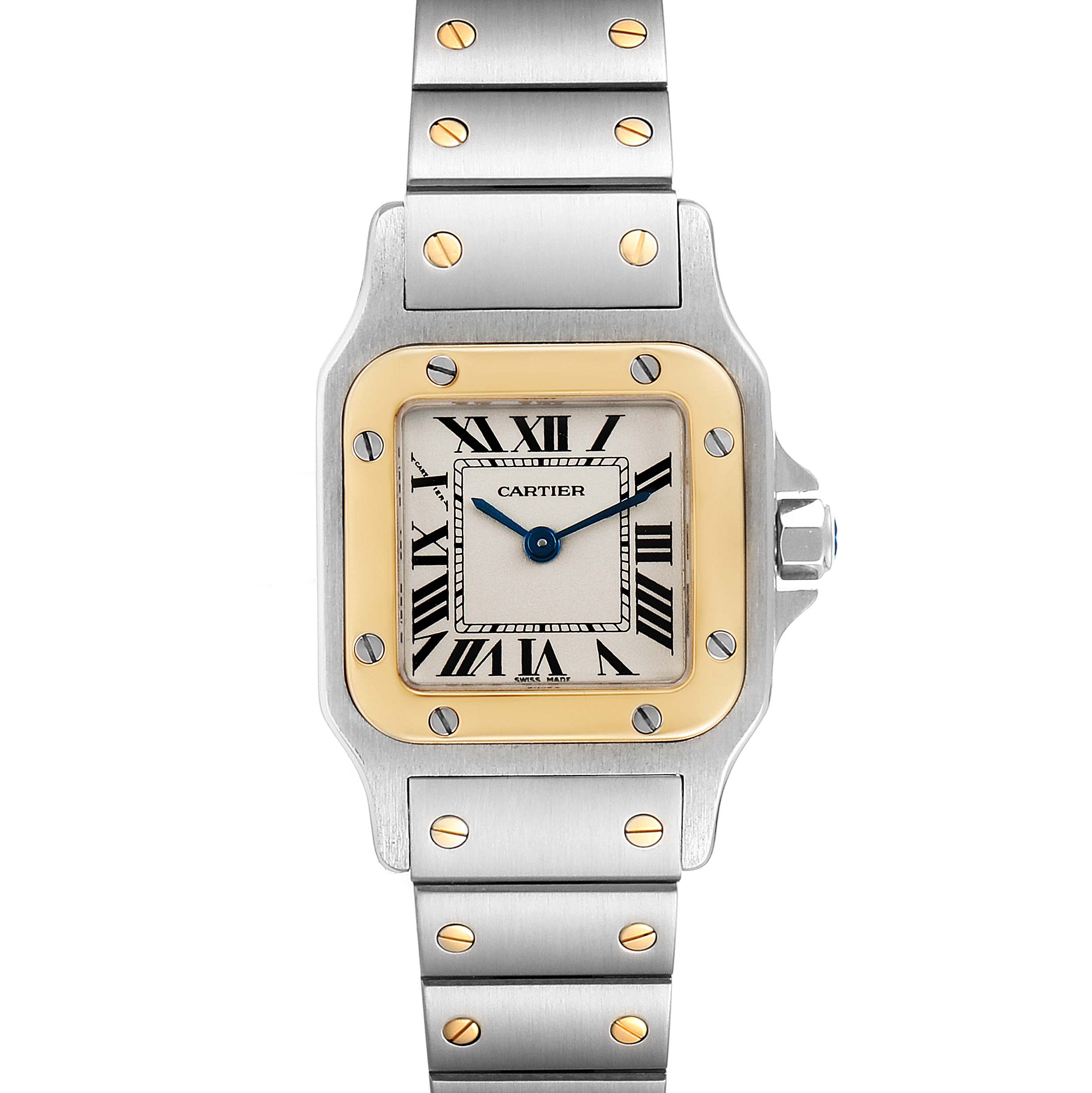 The image shows a front view of the Cartier Santos W20012C4 Women's Steel and Gold (two tone) Silver Dial W20012C4 Women's Steel and Gold (two tone) Silver Dial watch, highlighting its square face, Roman numerals, and metallic strap.