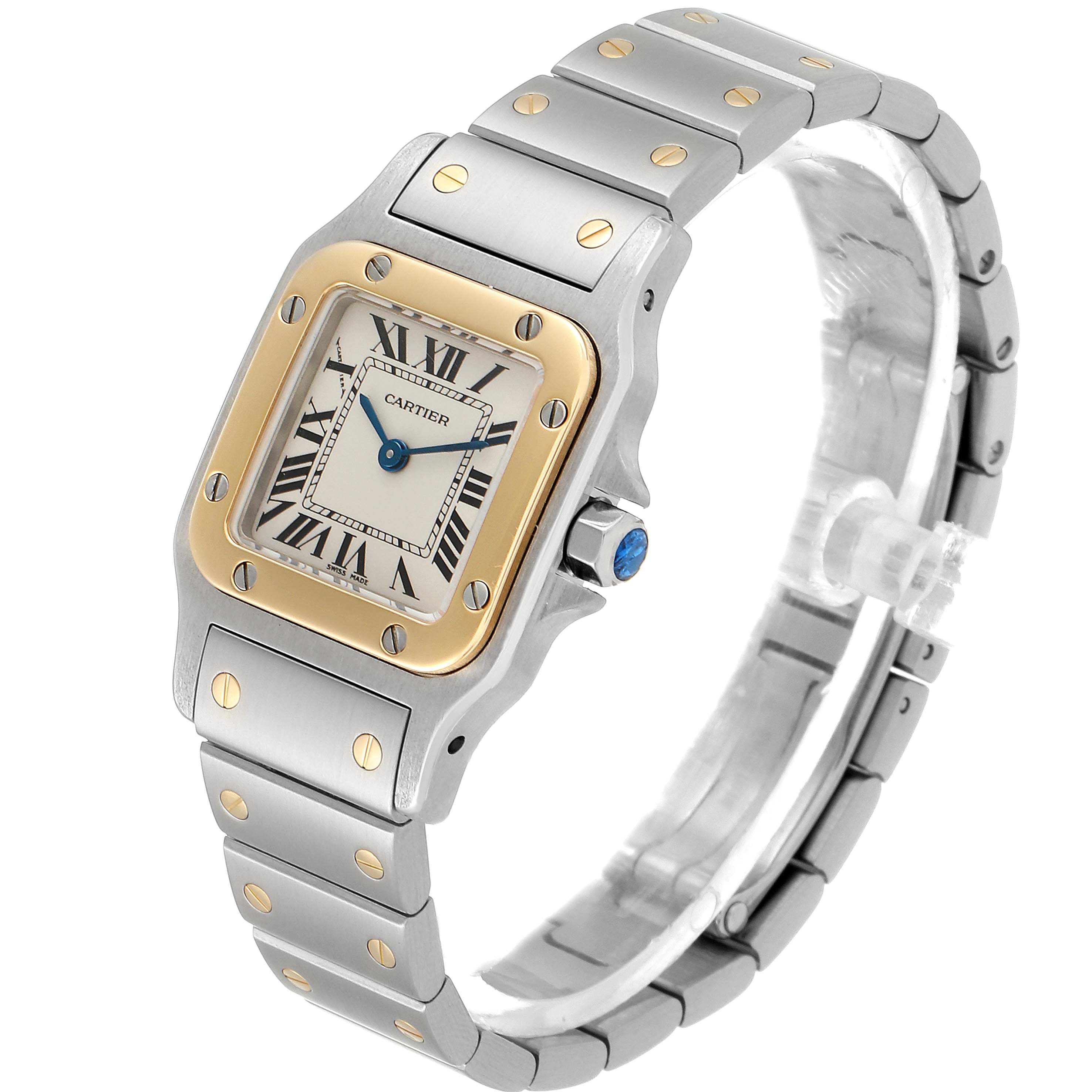 The image shows a Santos de Cartier watch at a side angle, displaying its square face, bezel, bracelet, and crown.