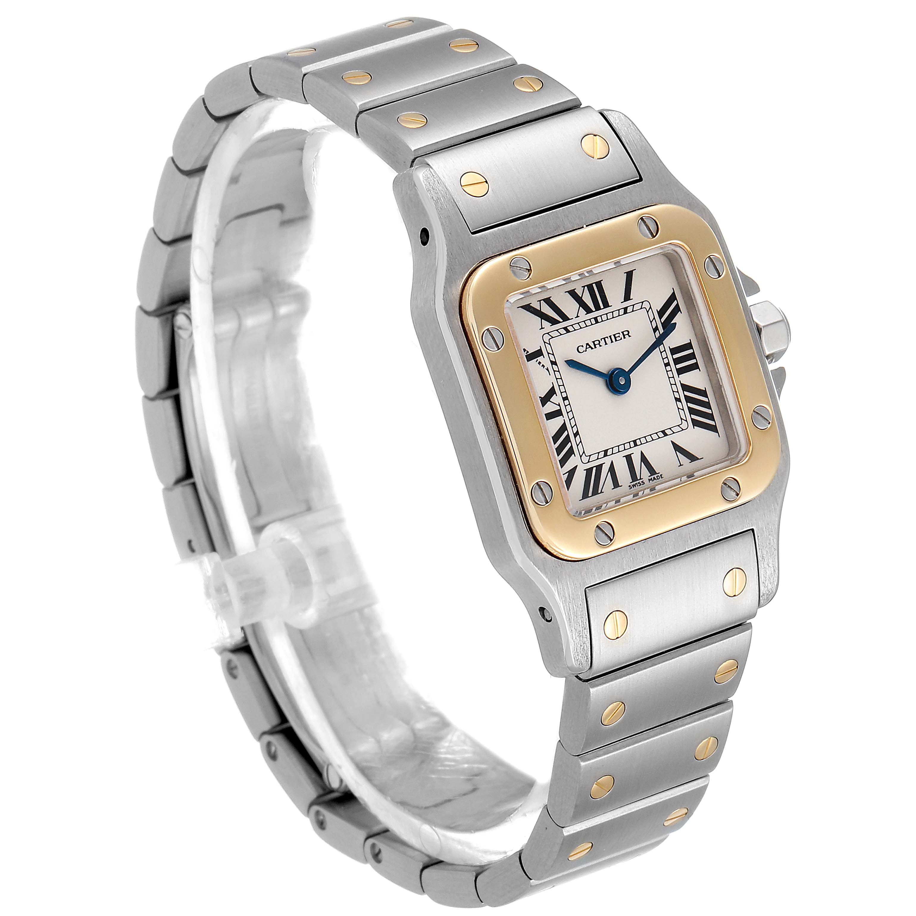 The Cartier Santos W20012C4 Women's Steel and Gold (two tone) Silver Dial W20012C4 Women's Steel and Gold (two tone) Silver Dial watch is shown at an angle displaying the face, bezel, crown, and bracelet.
