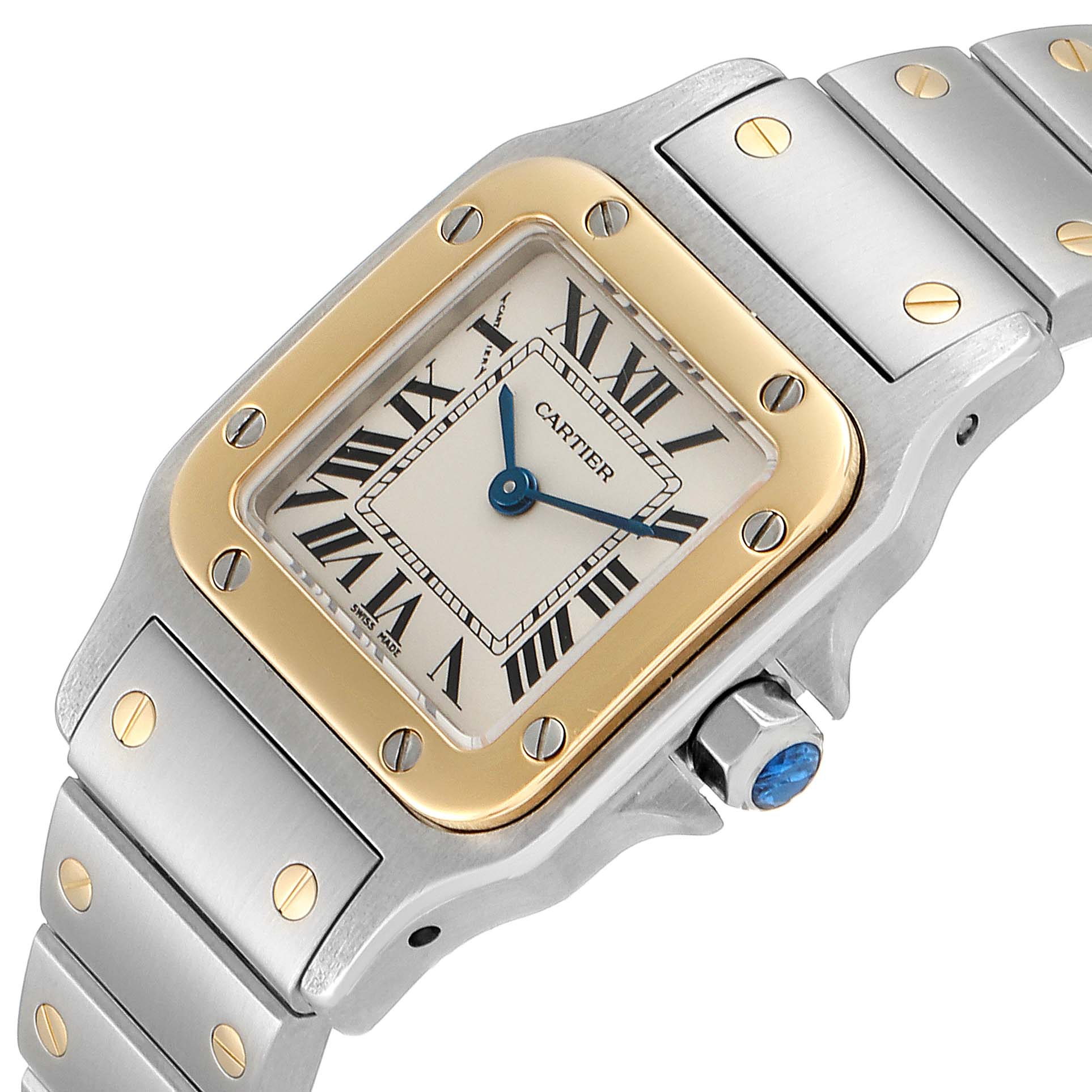 The image shows a Cartier Santos W20012C4 Women's Steel and Gold (two tone) Silver Dial W20012C4 Women's Steel and Gold (two tone) Silver Dial watch angle from the side, displaying the face, bezel, crown, and part of the bracelet.