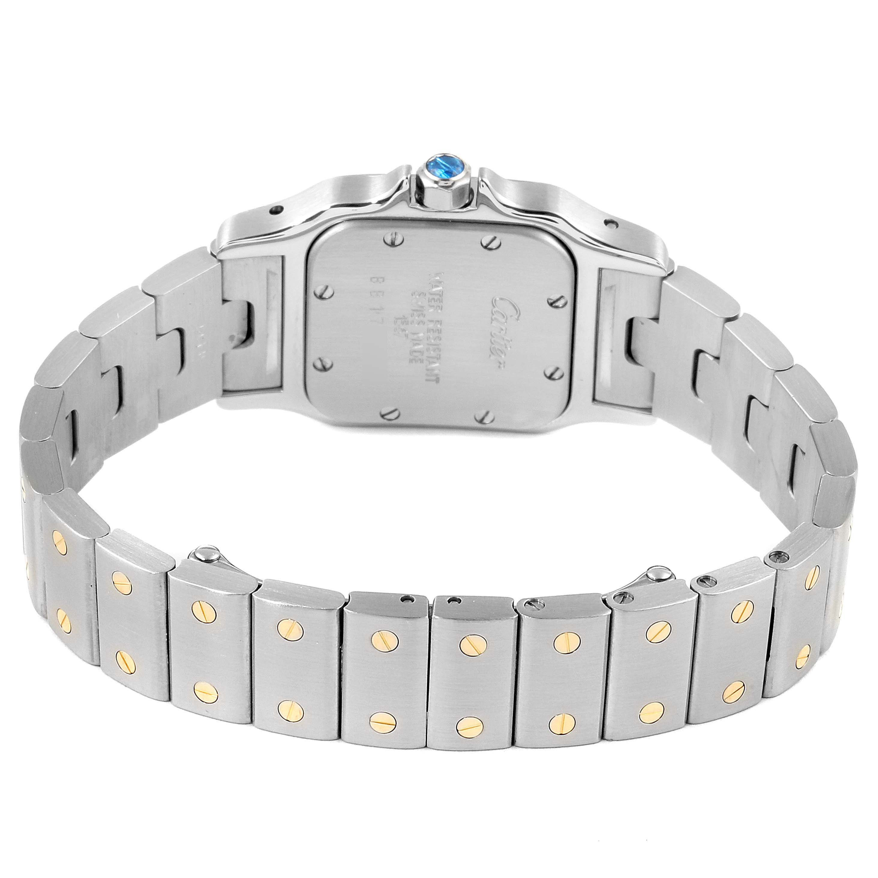 This image shows the back case and bracelet of a Cartier Santos W20012C4 Women's Steel and Gold (two tone) Silver Dial W20012C4 Women's Steel and Gold (two tone) Silver Dial watch, highlighting the case back screws and two-tone bracelet links.