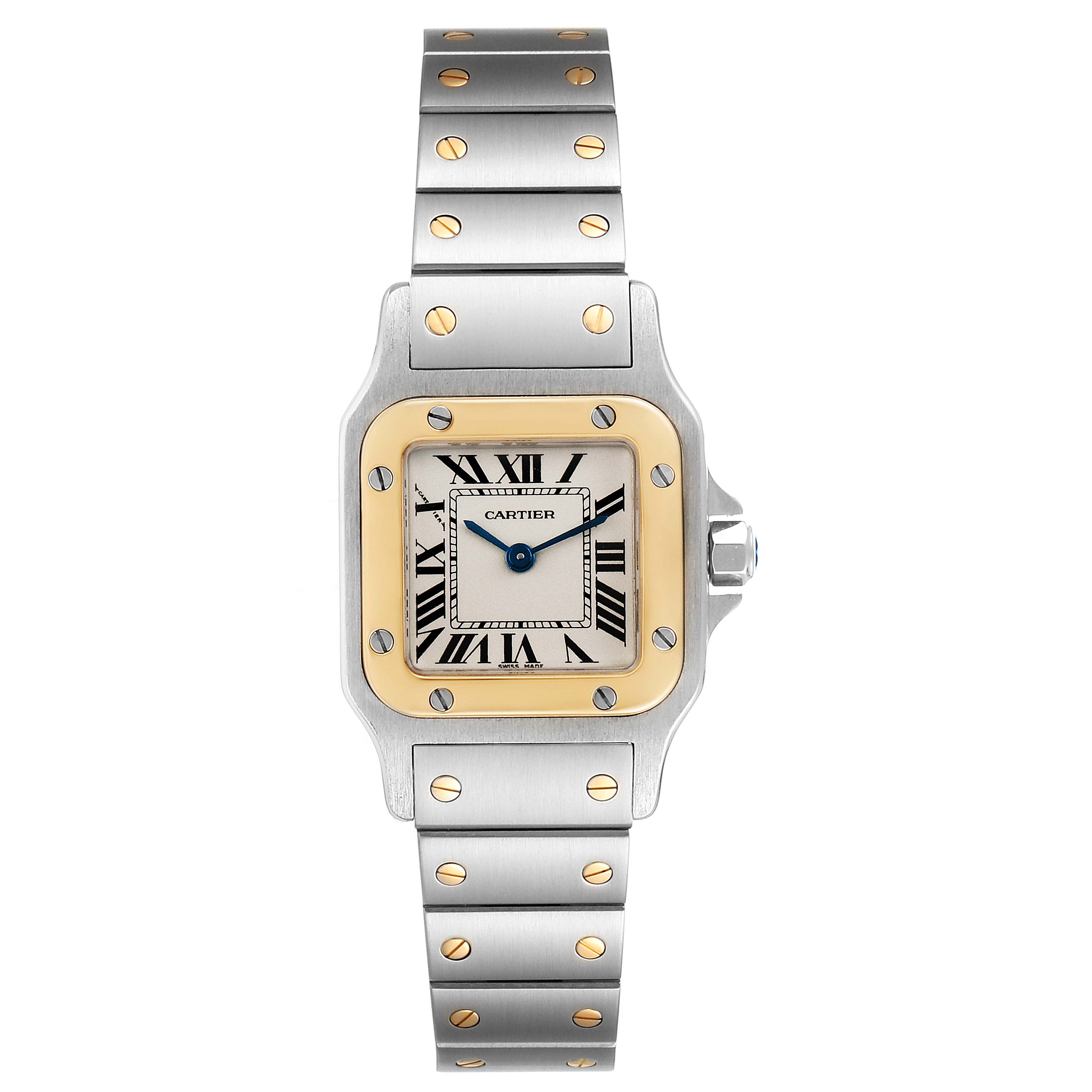 The image shows a front view of a Santos de Cartier watch, displaying the face, bezel, and part of the band.