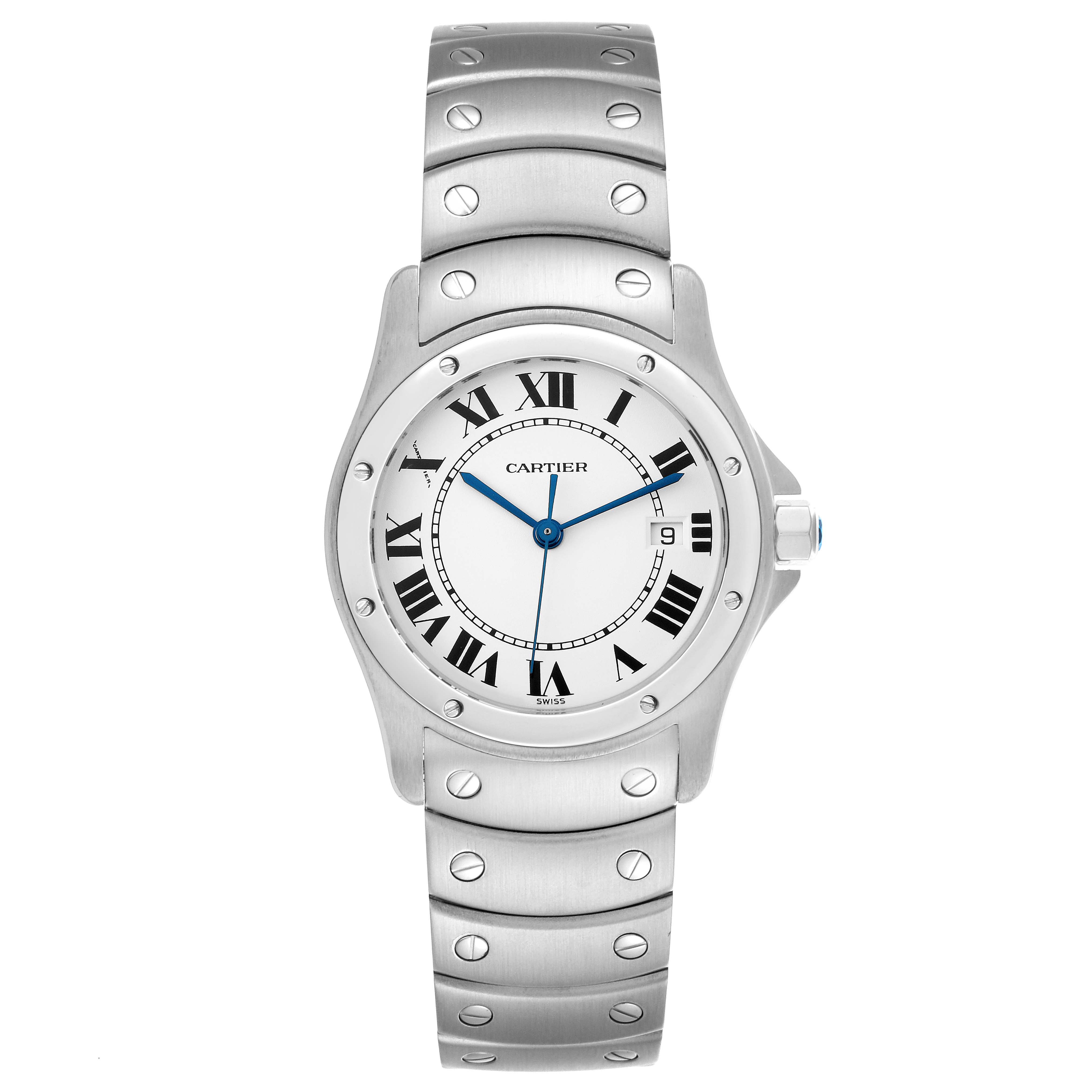 The Cartier Santos W20027K1 Women's Stainless Steel White Dial W20027K1 Women's Stainless Steel White Dial watch is shown at a front angle, highlighting the dial, bezel, and bracelet with signature screws.