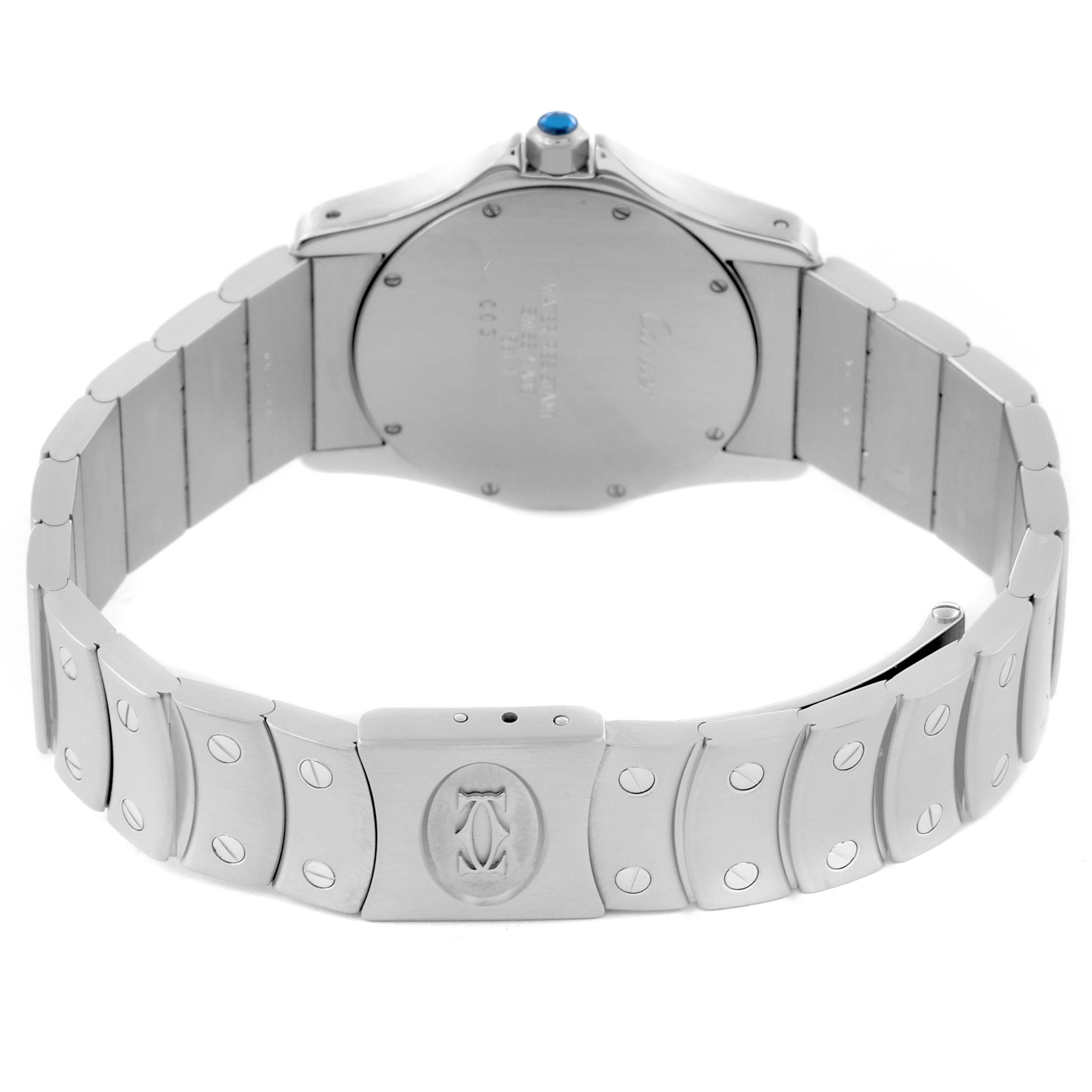 The Cartier Santos W20027K1 Women's Stainless Steel White Dial W20027K1 Women's Stainless Steel White Dial watch is shown from a rear angle, highlighting its case back, bracelet, and clasp.