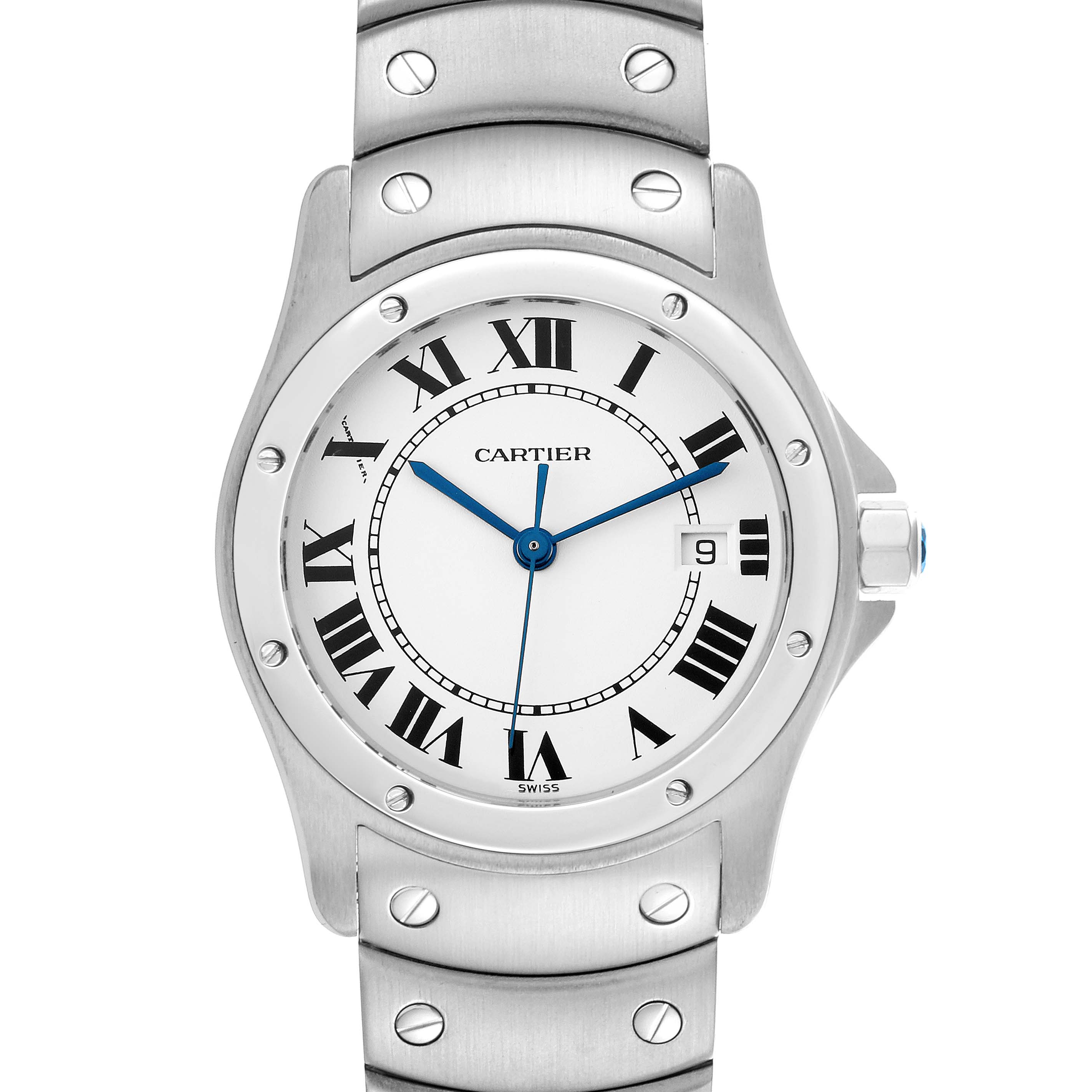 The Cartier Santos W20027K1 Women's Stainless Steel White Dial W20027K1 Women's Stainless Steel White Dial watch is shown from a front angle, displaying its face, bezel, and part of the bracelet.