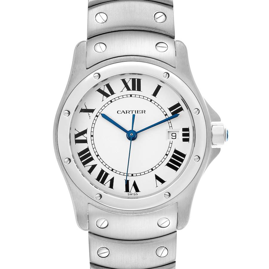 The Cartier Santos watch is shown from a front angle, displaying its face, bezel, and part of the bracelet.