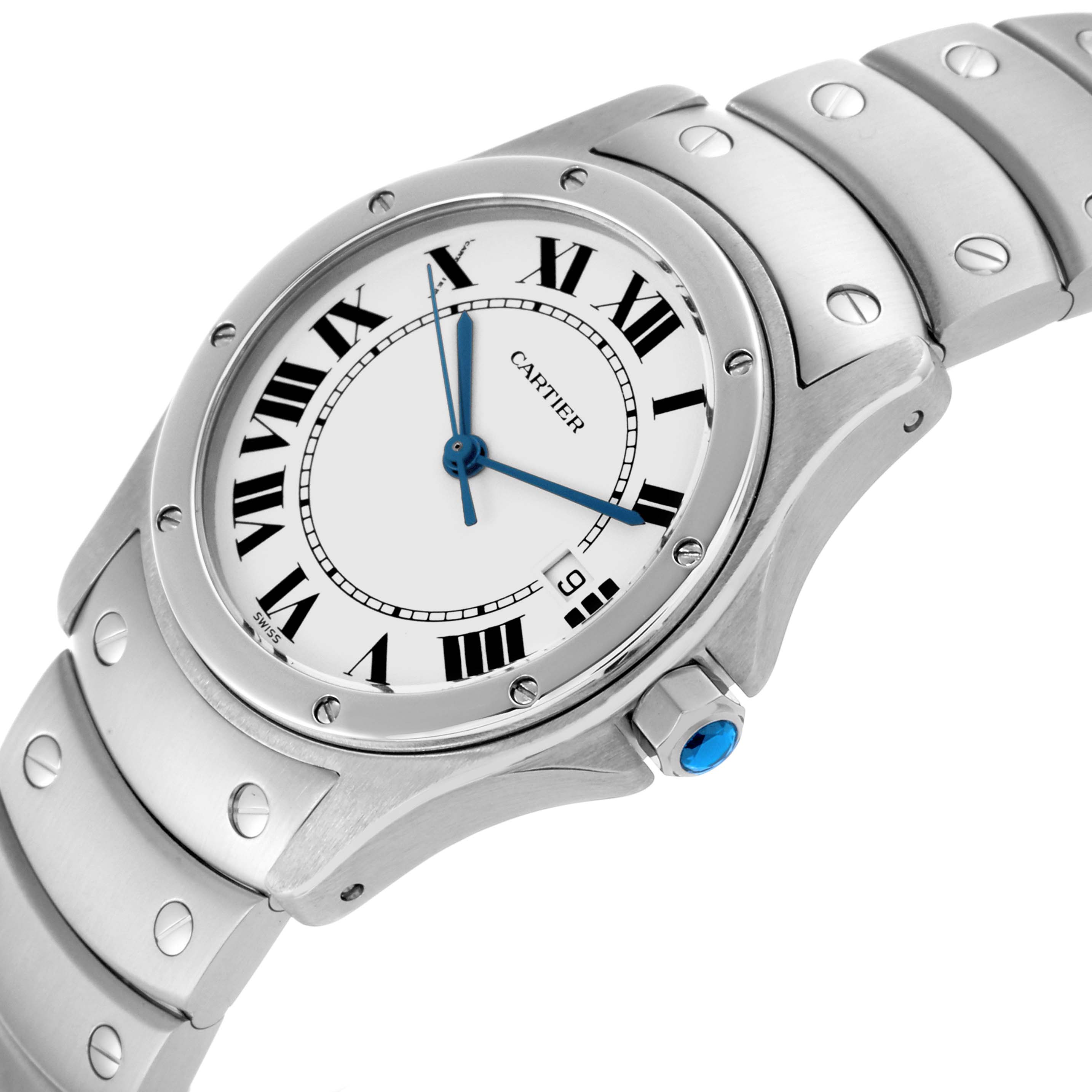The Cartier Santos W20027K1 Women's Stainless Steel White Dial W20027K1 Women's Stainless Steel White Dial watch is shown at an angled view, highlighting the case, bezel, dial, crown, and part of the bracelet.