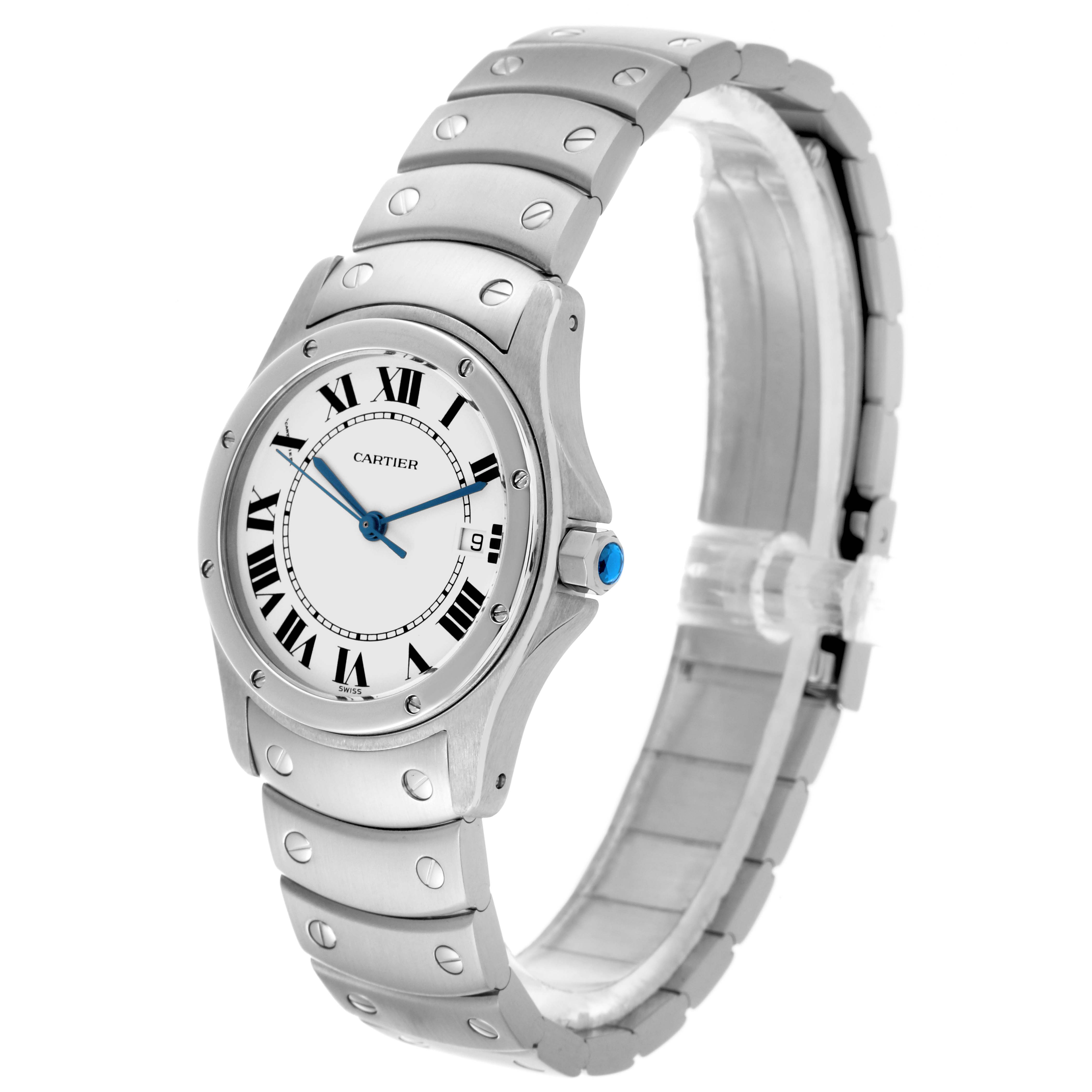 The Cartier Santos W20027K1 Women's Stainless Steel White Dial W20027K1 Women's Stainless Steel White Dial watch is shown at a three-quarter angle, displaying the face, bezel, bracelet, and crown.