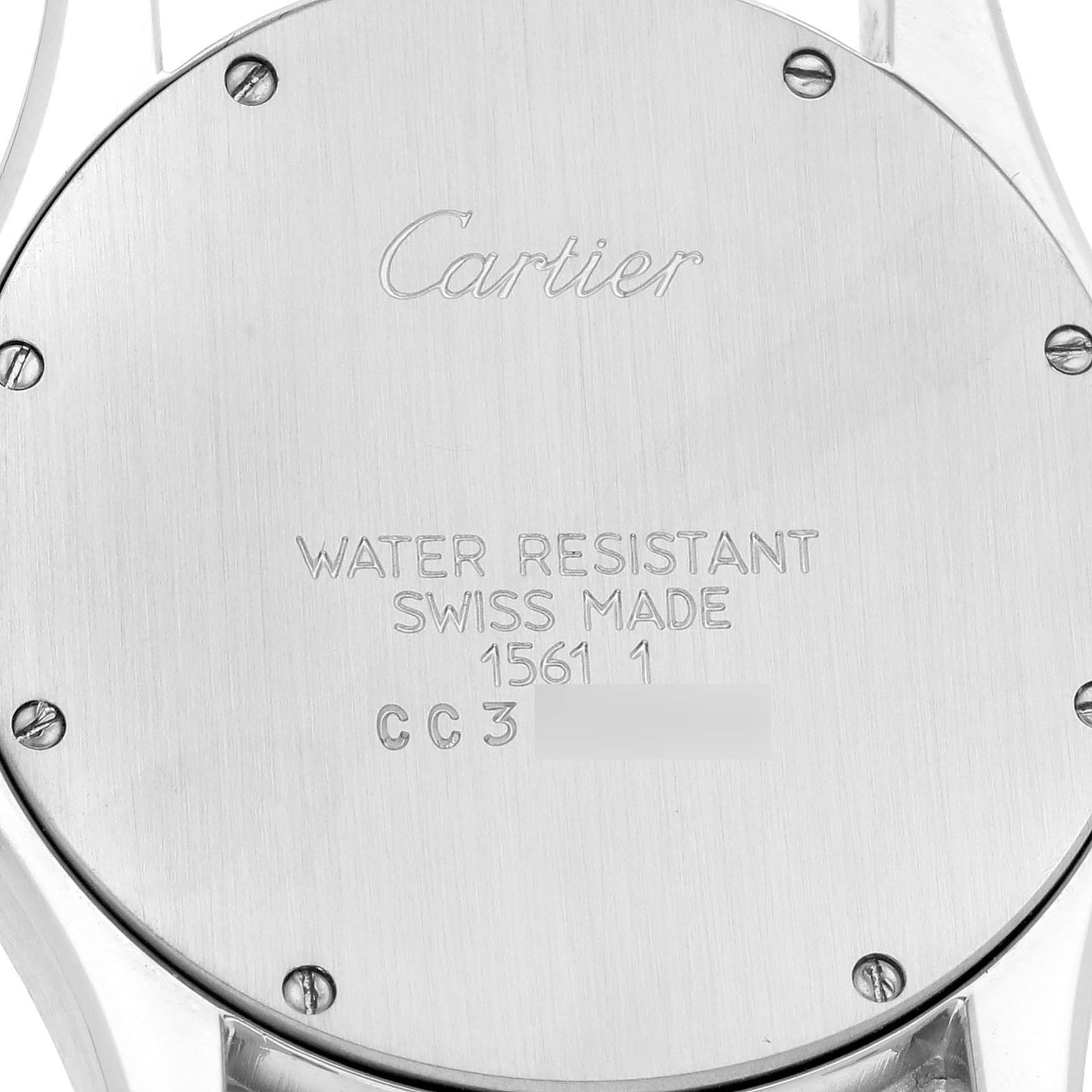 The image shows the back of a Cartier Santos W20027K1 Women's Stainless Steel White Dial W20027K1 Women's Stainless Steel White Dial watch with engravings and screws visible.