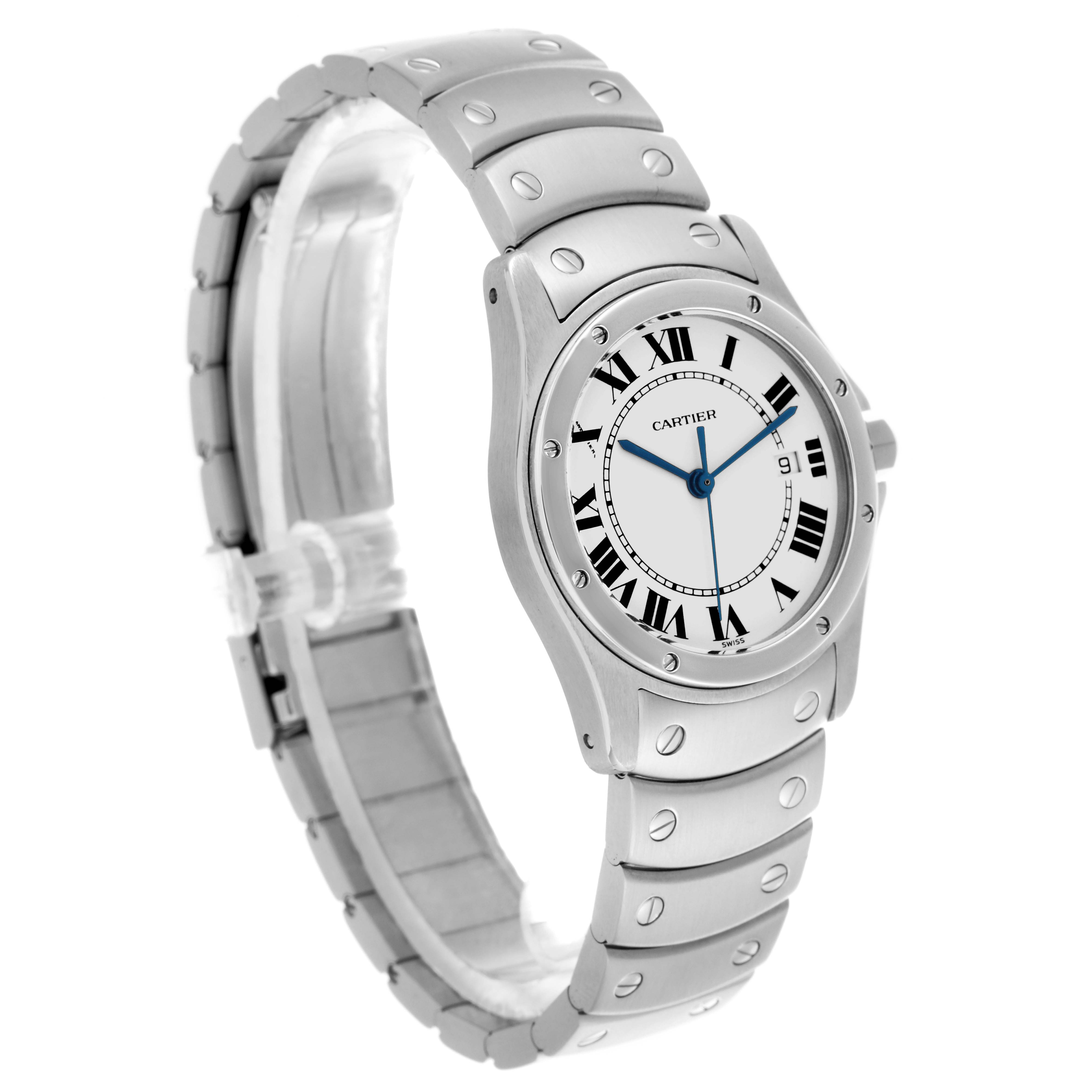 The image shows a Cartier Santos W20027K1 Women's Stainless Steel White Dial W20027K1 Women's Stainless Steel White Dial watch at a three-quarter angle, revealing its face, bezel, and part of the bracelet.