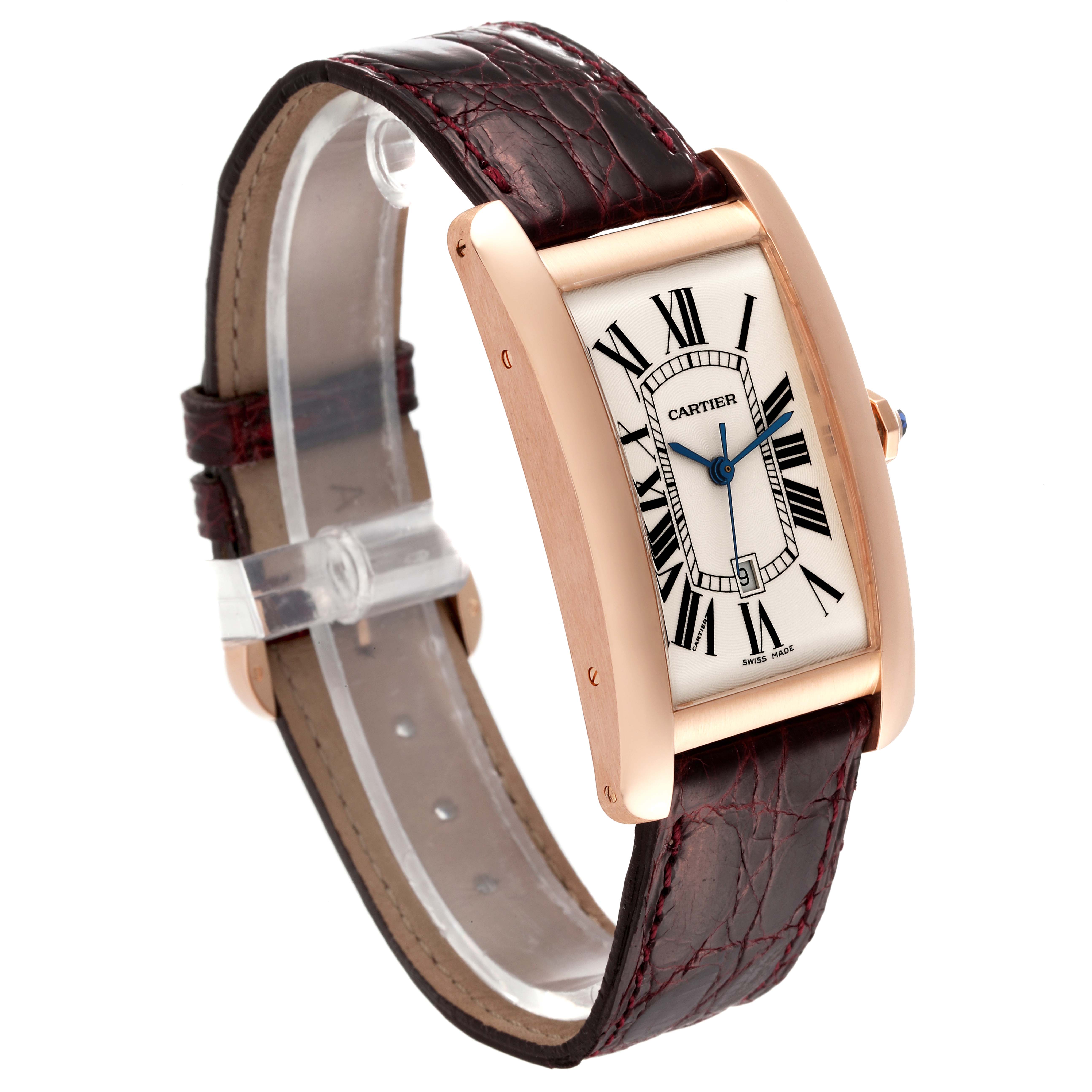 The image shows a Cartier Tank Americaine W2609156 Men
s Rose Gold Silver Dial W2609156 Men
s Rose Gold Silver Dial watch at an angle highlighting its rectangular face, Roman numerals, and leather strap.