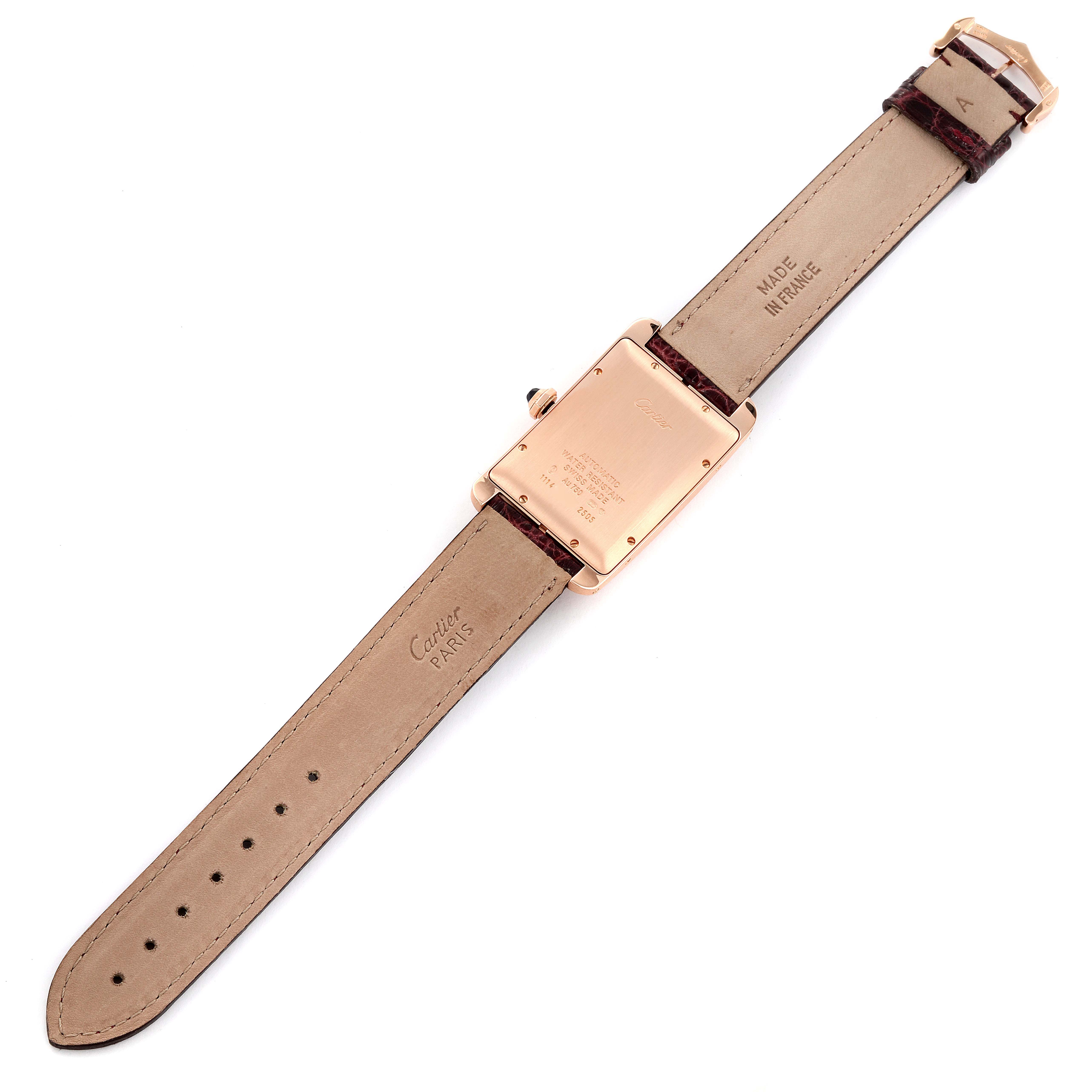 The image shows the back view of a Cartier Tank Americaine W2609156 Men
s Rose Gold Silver Dial W2609156 Men
s Rose Gold Silver Dial watch, displaying the case back, strap, and buckle.