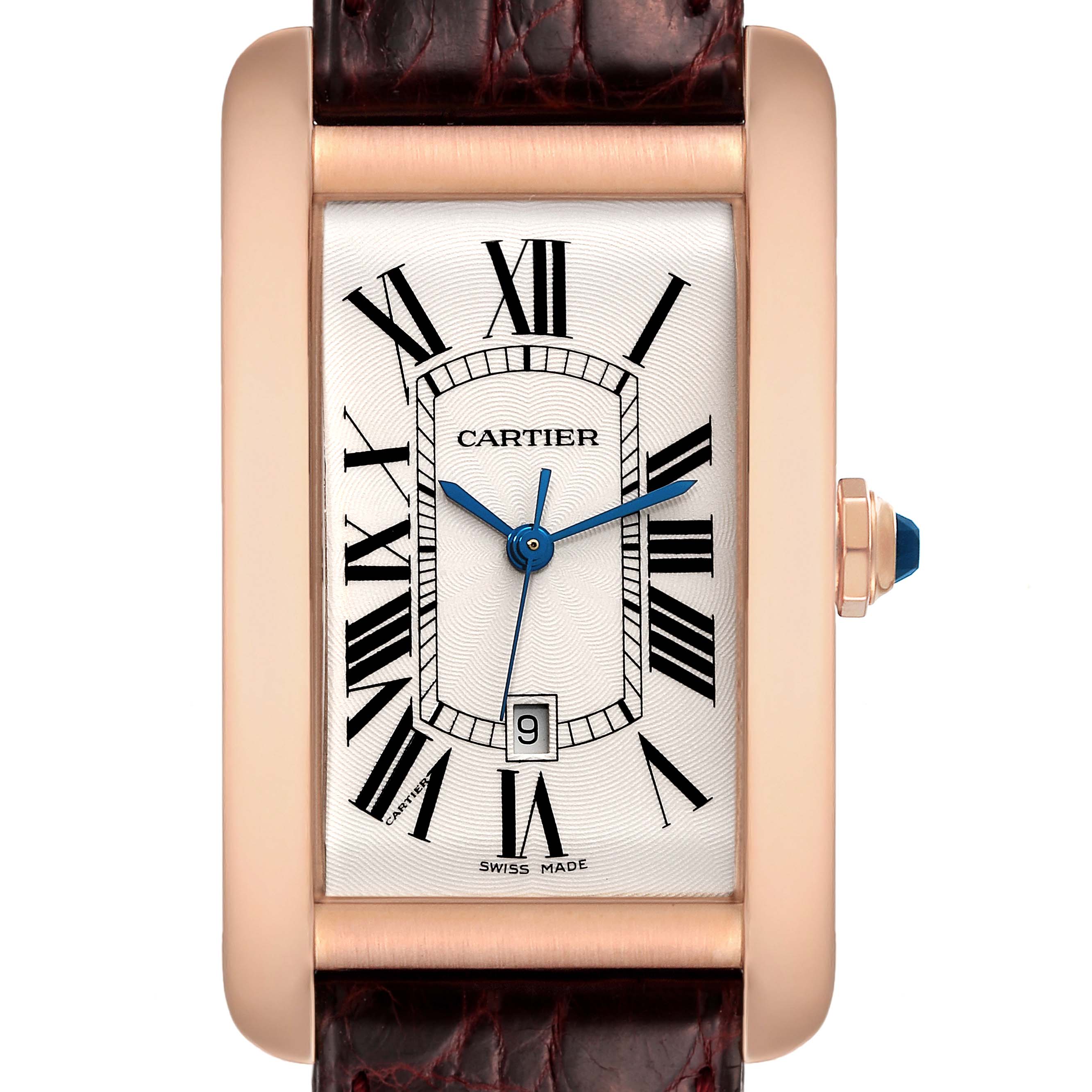 This image shows a straight-on view of the face of a Cartier Tank Américaine watch.