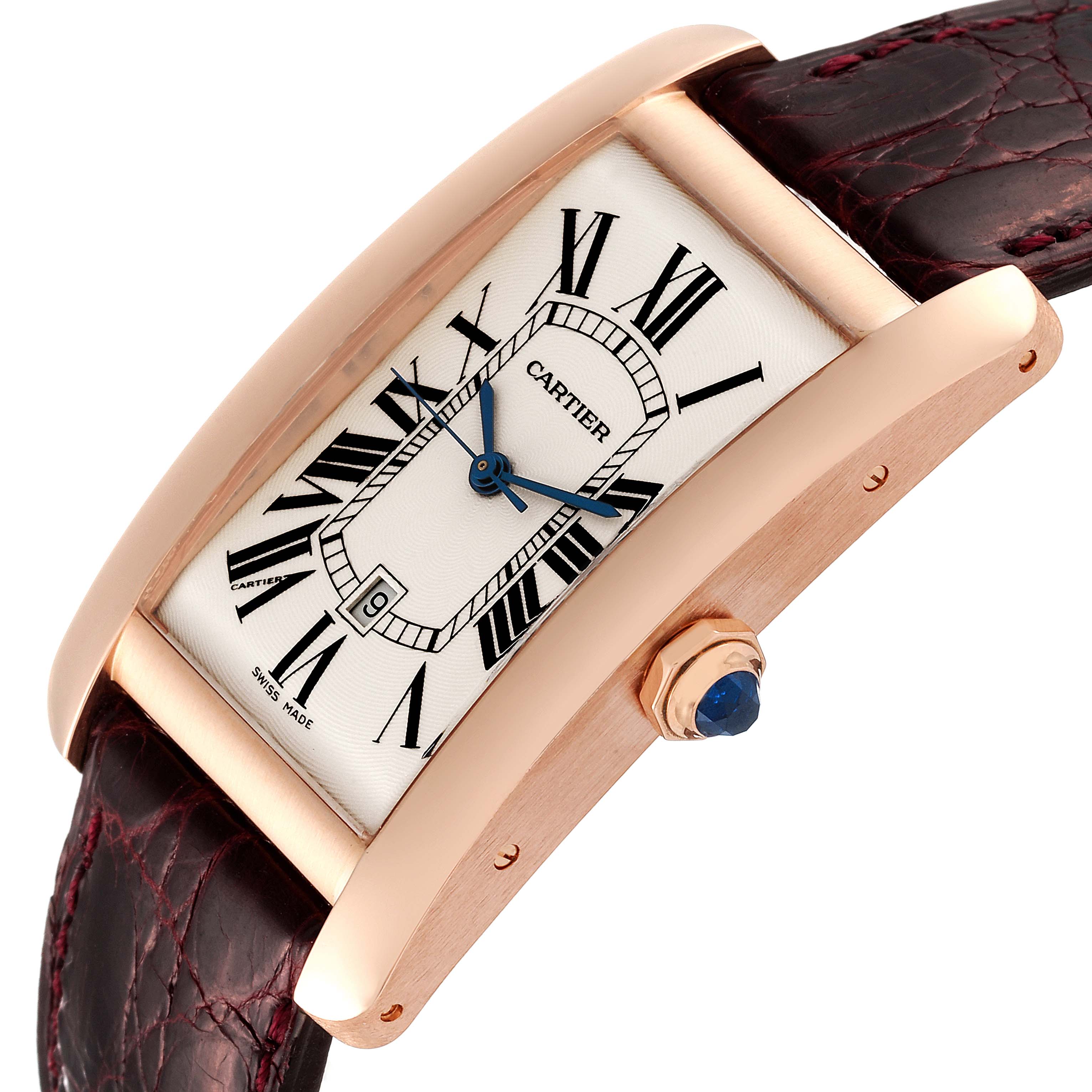 The image shows a side angle of the Cartier Tank Américaine watch, highlighting the dial, crown, and part of the leather strap.