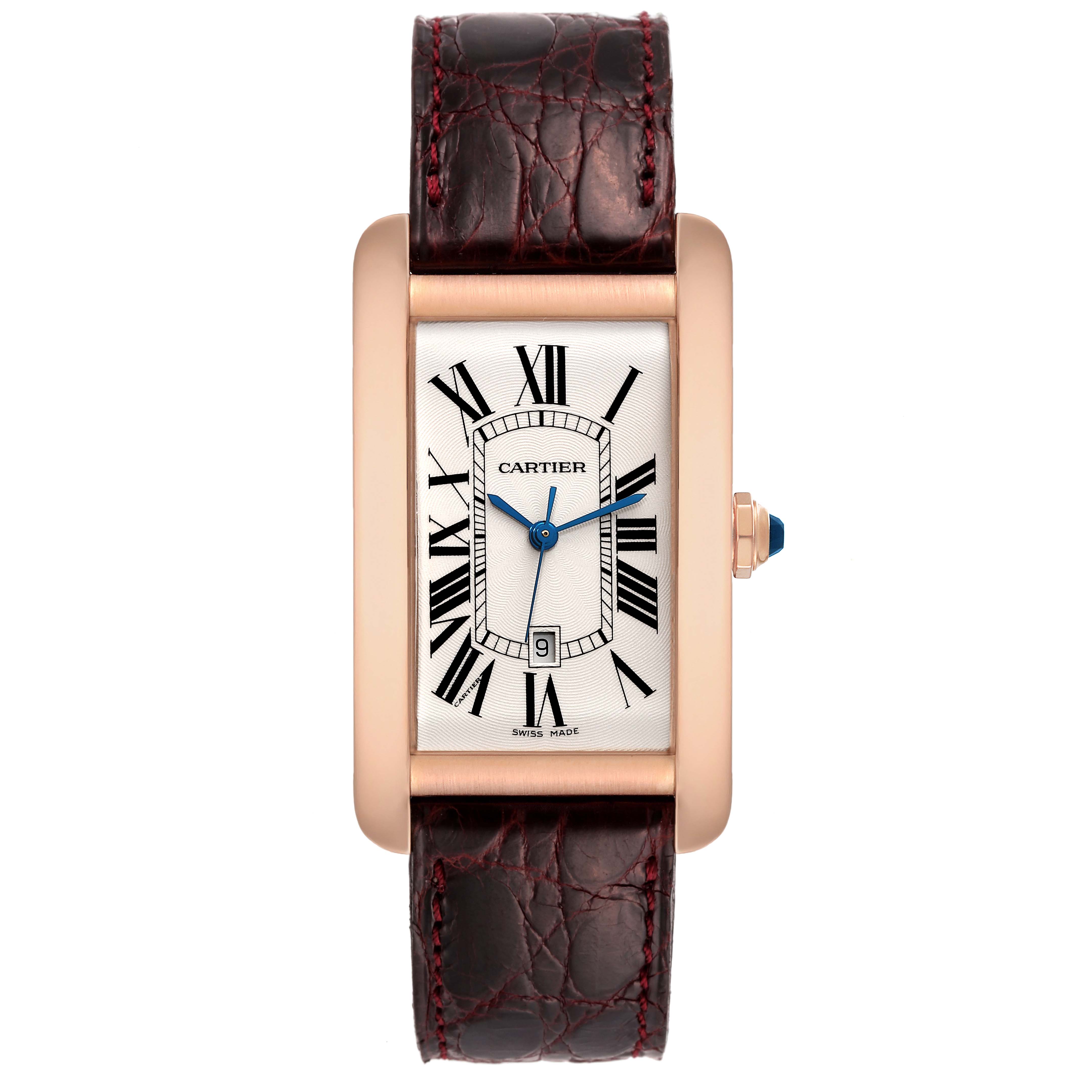 This image shows a Cartier Tank Americaine W2609156 Men
s Rose Gold Silver Dial W2609156 Men
s Rose Gold Silver Dial watch from a front angle, highlighting its rectangular face and leather strap.