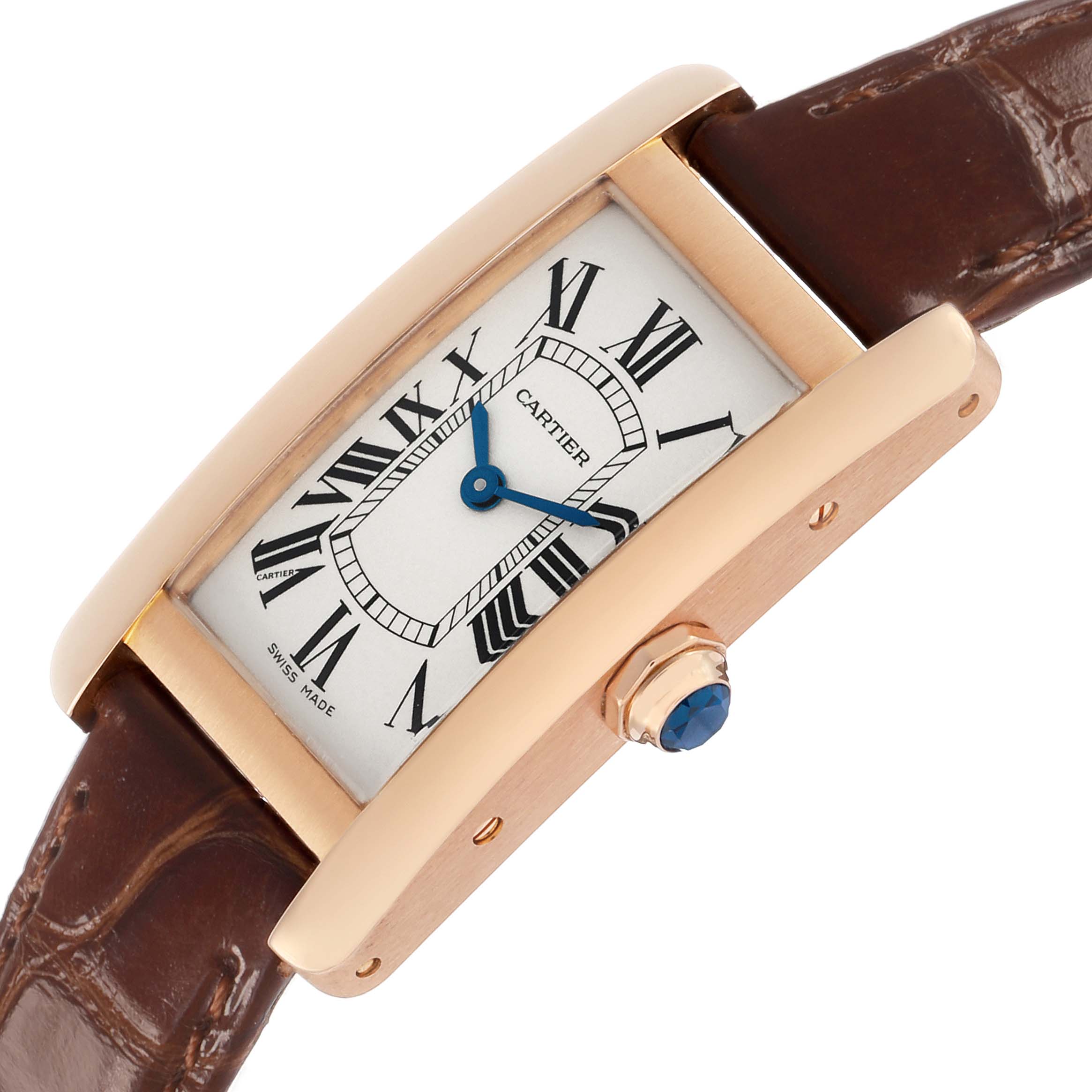 The Cartier Tank Americaine W2607456 Women's Rose Gold Silver Dial watch is angled to show the face, case, crown, and part of the leather strap.