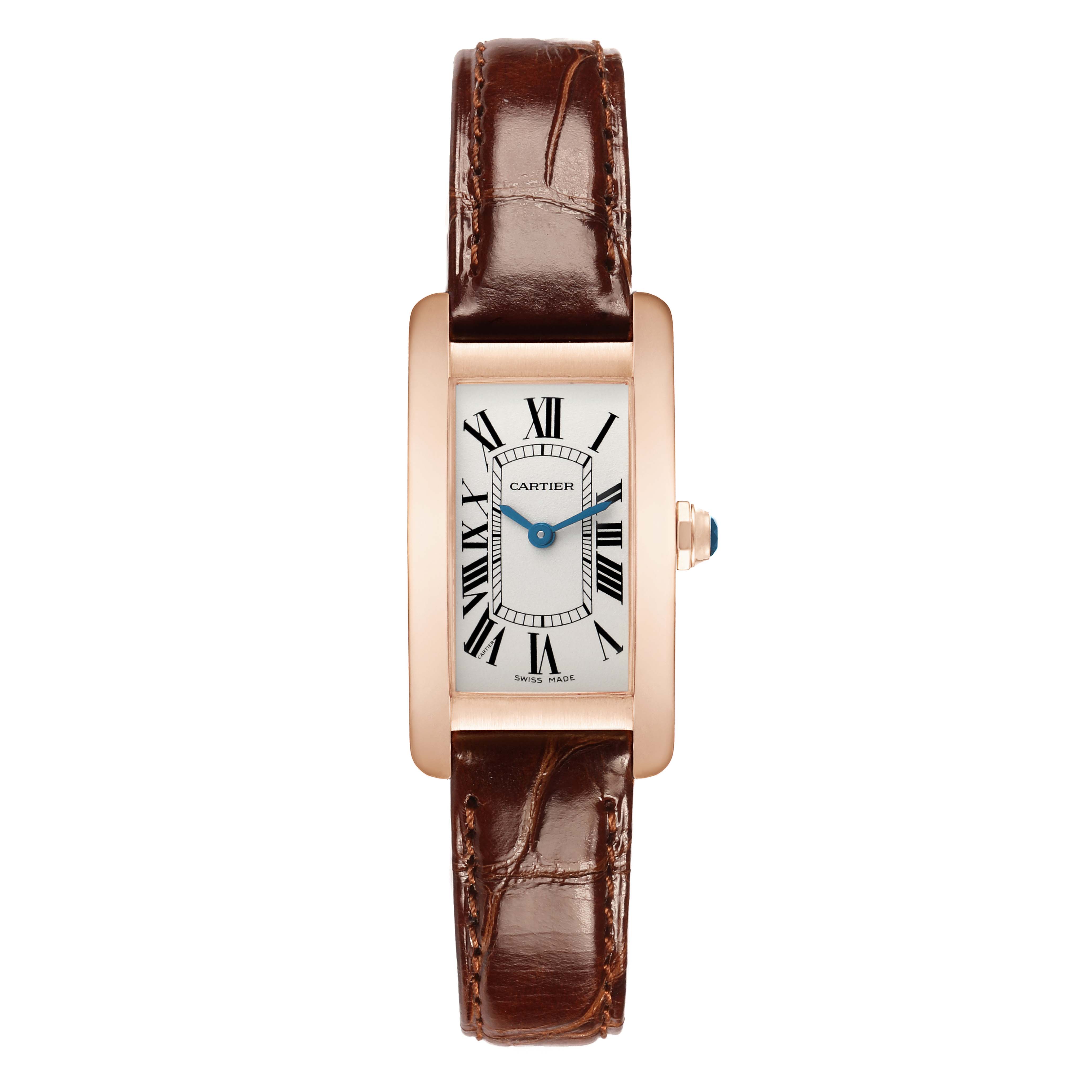 The Cartier Tank Americaine W2607456 Women's Rose Gold Silver Dial watch is shown from a top-down angle, highlighting the rectangular face, Roman numerals, and leather strap.