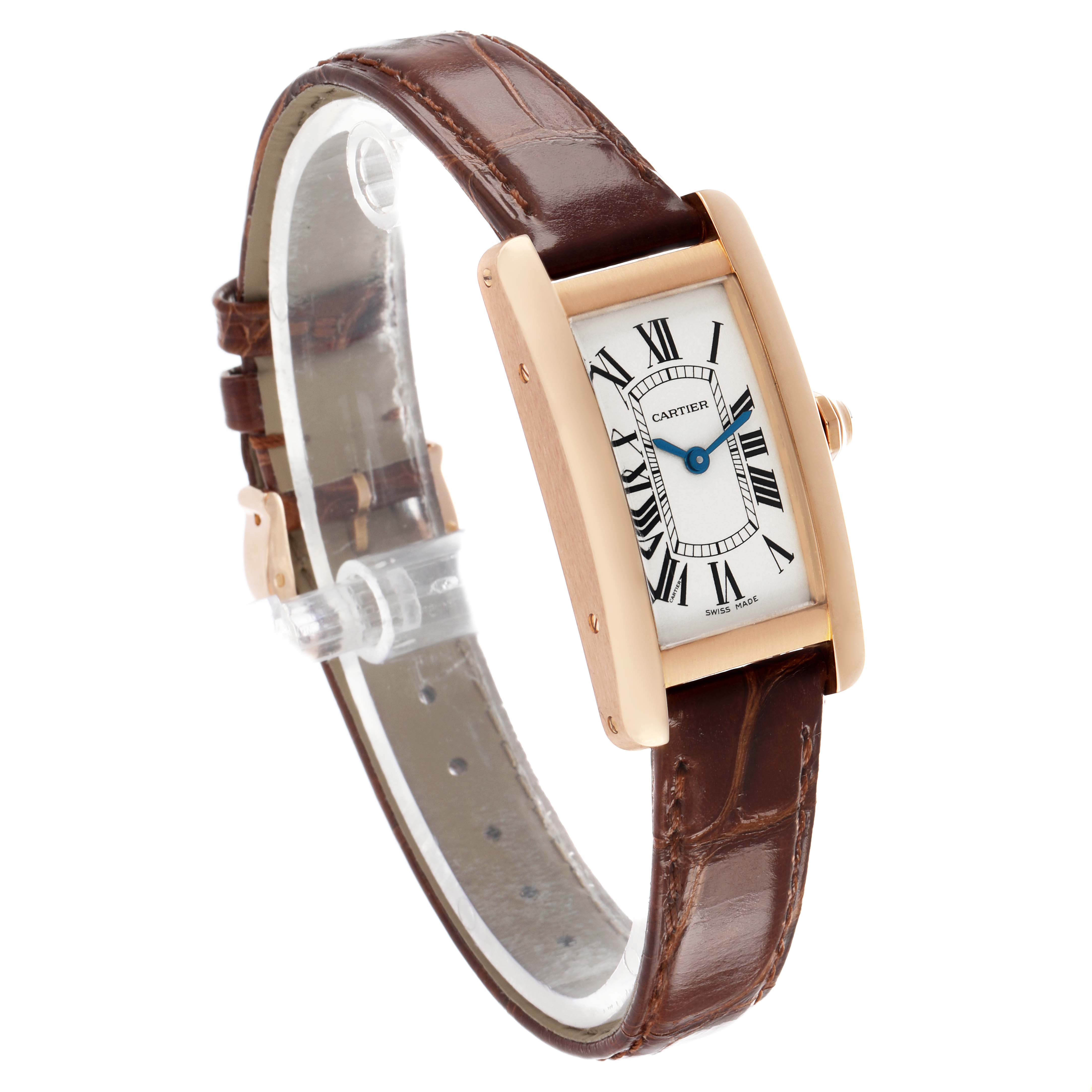 The Cartier Tank Americaine W2607456 Women's Rose Gold Silver Dial watch is shown at a slight angle highlighting its rectangular face and brown leather strap.