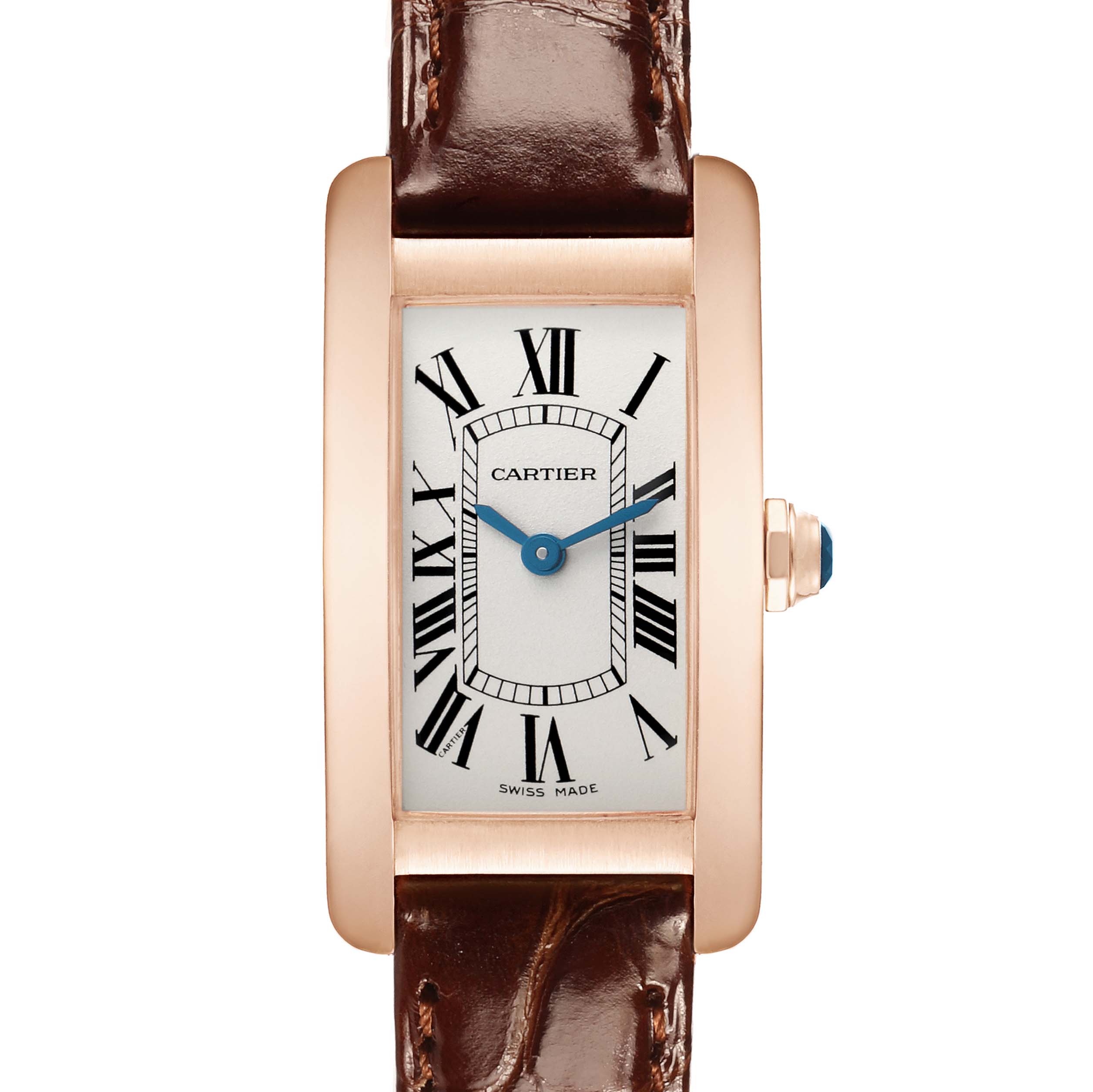 The Cartier Tank Americaine W2607456 Women's Rose Gold Silver Dial watch is shown from a front angle, highlighting its rectangular face, Roman numerals, and leather strap.
