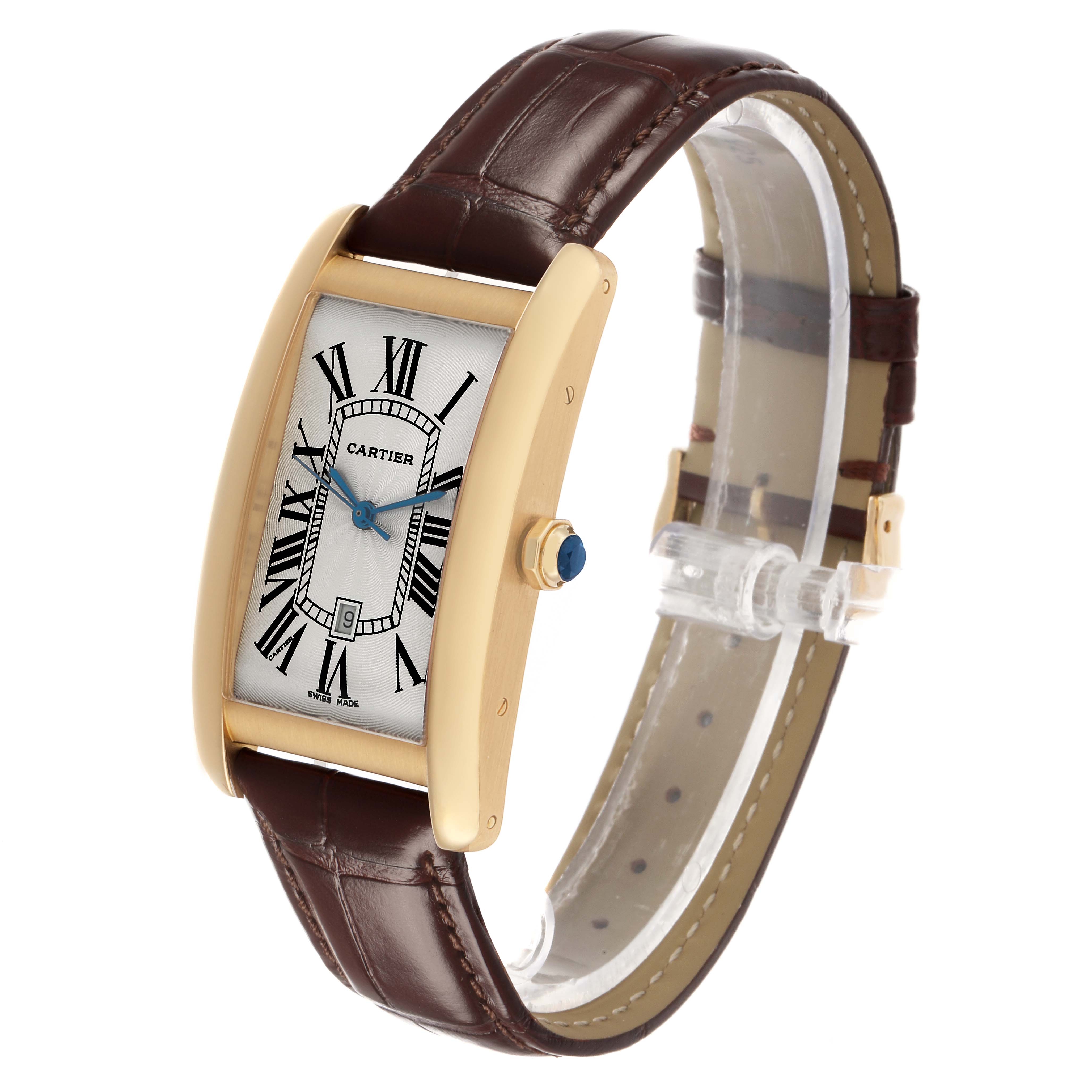 The Cartier Tank Americaine W2603156 Men's Yellow Gold Silver Dial watch is shown at an angle displaying the dial, gold case, crown, and brown leather strap.