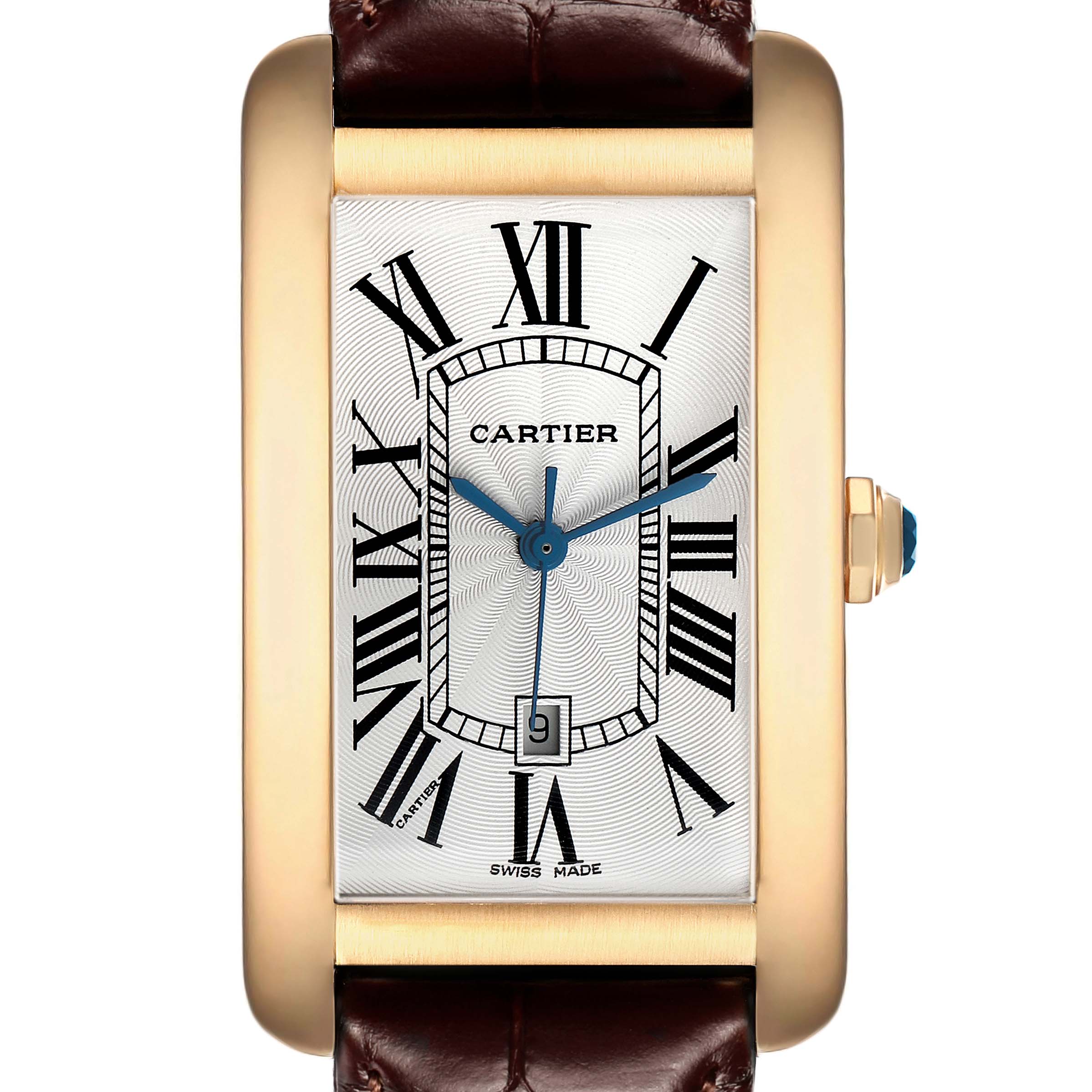 The Cartier Tank Américaine watch is shown from the front, displaying its rectangular face, blue hands, and Roman numerals.