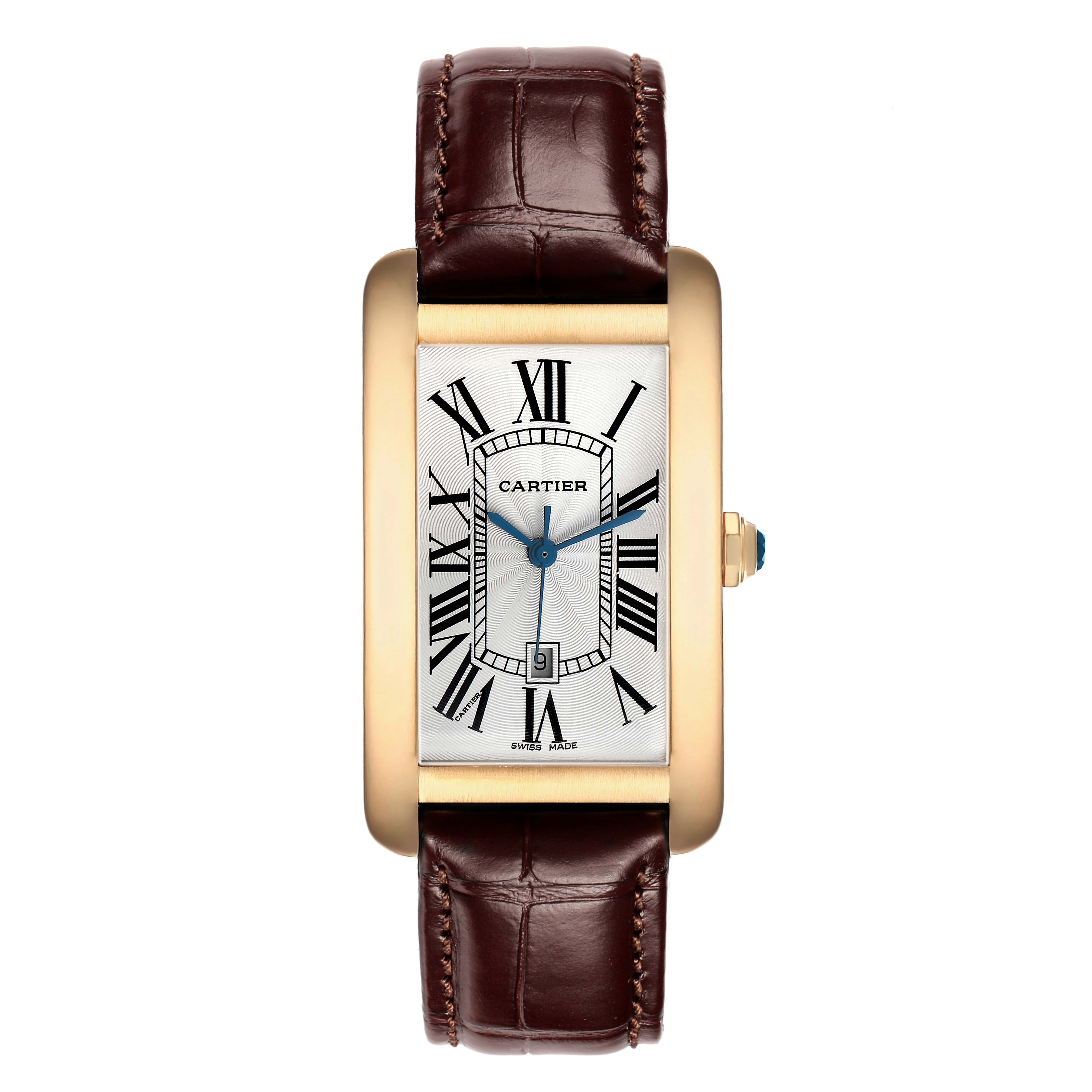 The Cartier Tank Americaine W2603156 Men's Yellow Gold Silver Dial watch is shown from a top view, displaying its face, case, strap, and crown.