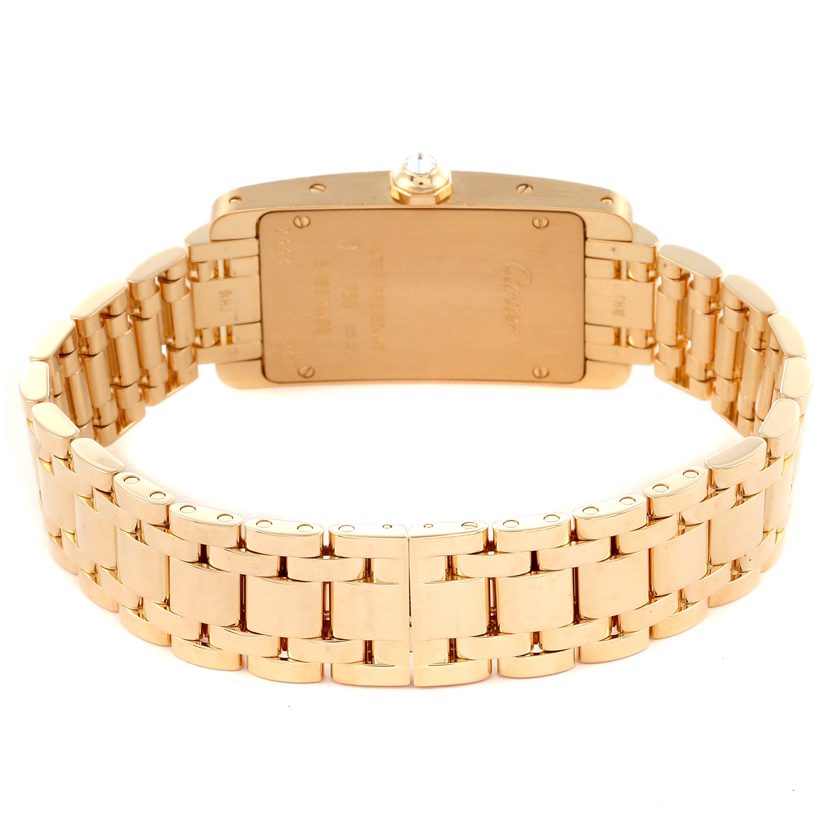 The Cartier Tank Americaine WB7012K2 Women's Yellow Gold Silver Dial WB7012K2 Women's Yellow Gold Silver Dial watch is shown from the back, highlighting its gold bracelet and case back.