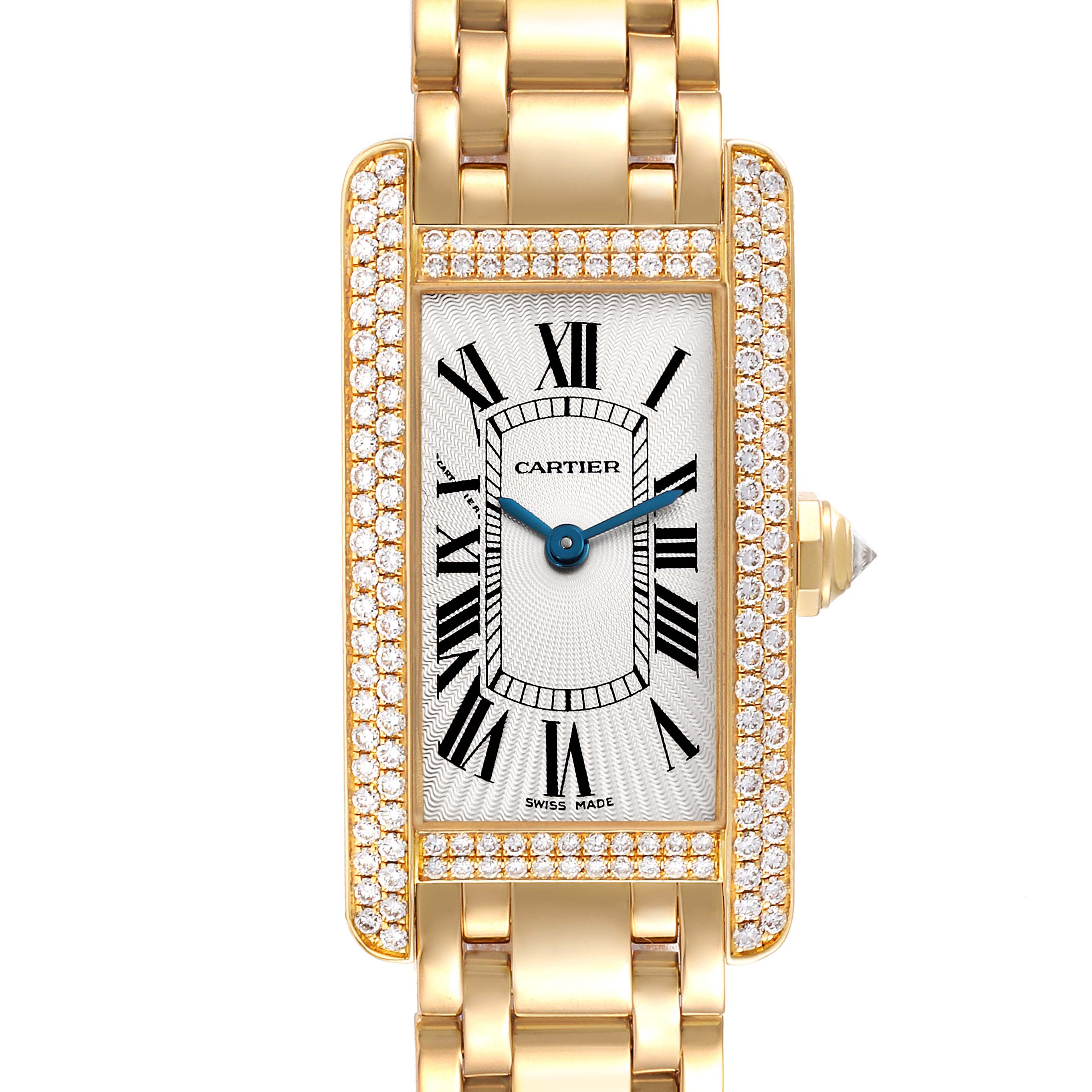 The Cartier Tank Americaine WB7012K2 Women's Yellow Gold Silver Dial WB7012K2 Women's Yellow Gold Silver Dial watch is shown from a top view, highlighting its rectangular face and diamond-set bezel.