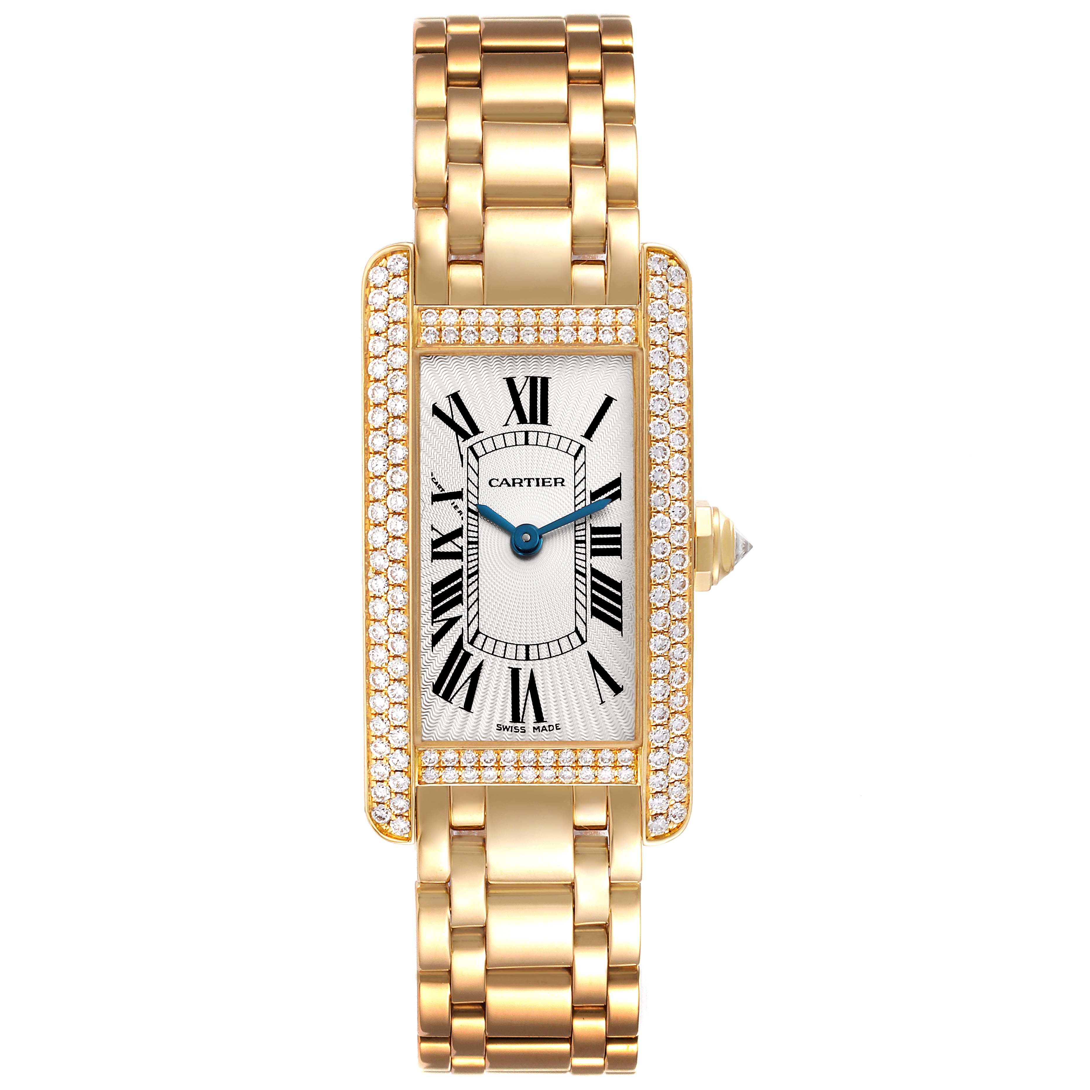 The Cartier Tank Américaine watch is shown from a top angle, displaying its face, bezel, and bracelet.