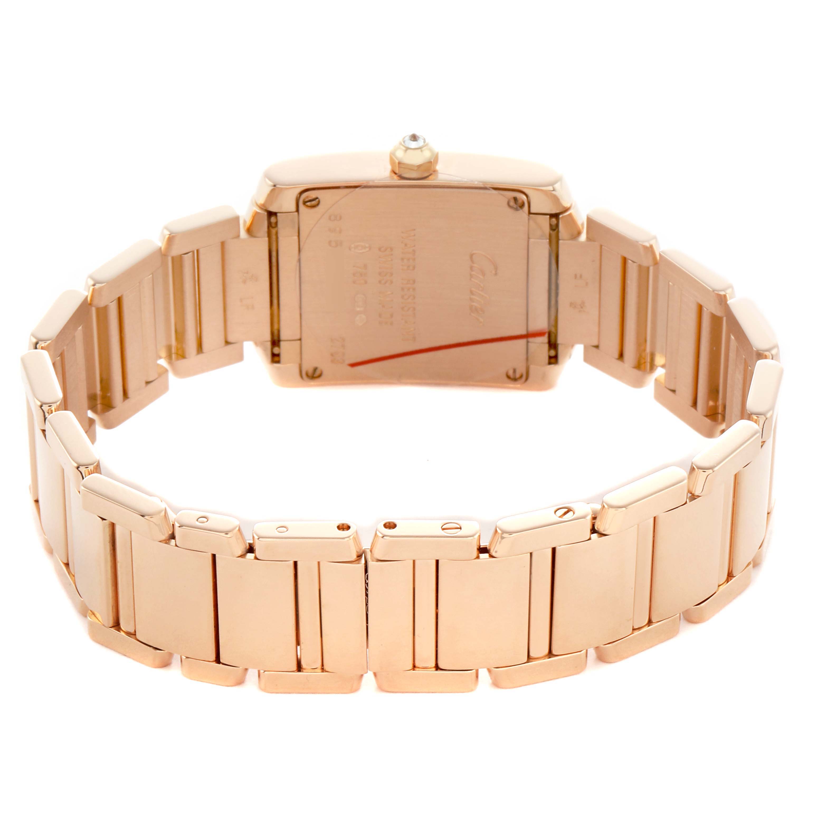 The image shows the back view of a Cartier Tank Francaise WE10456H Women's Rose Gold Silver Dial watch, highlighting the case back and bracelet.