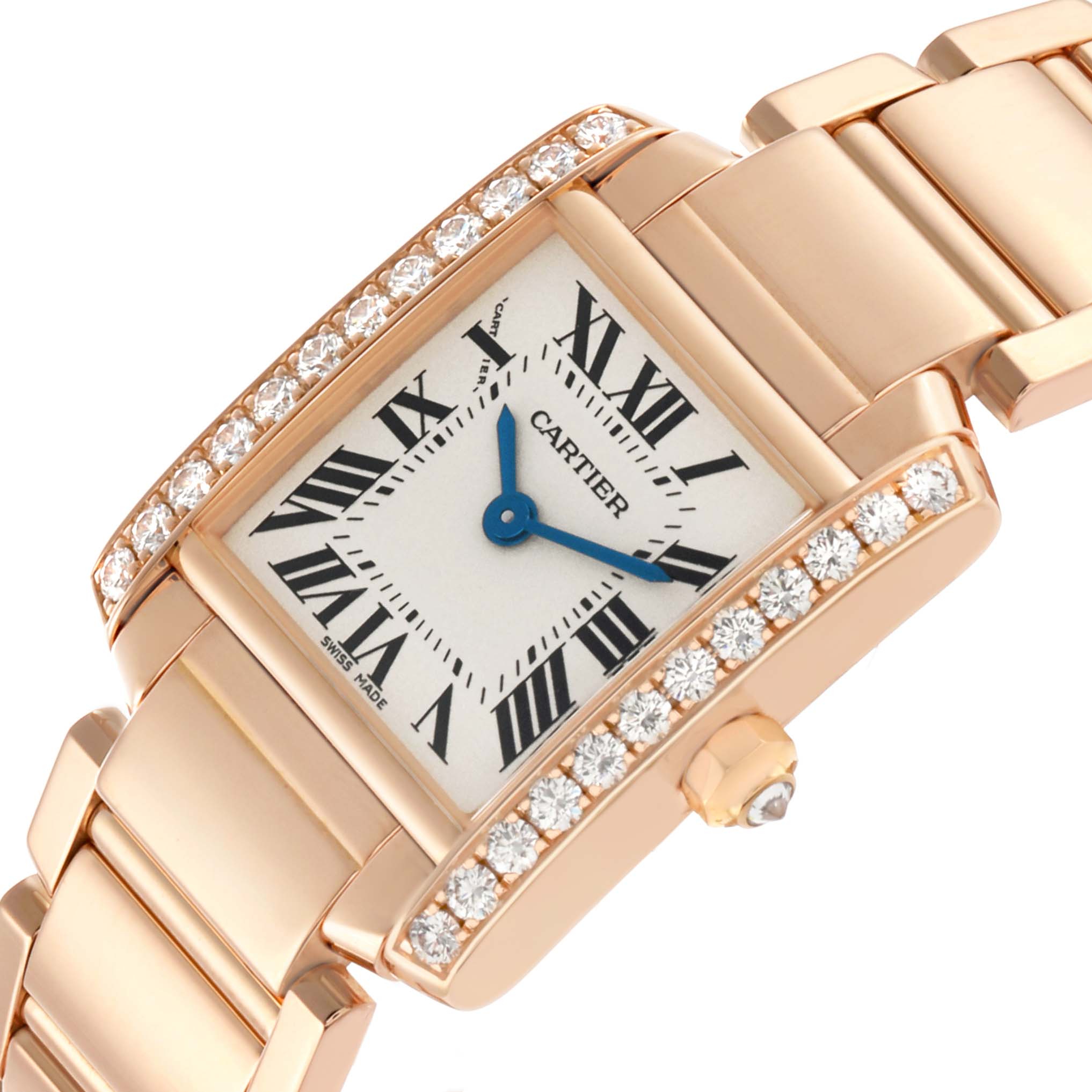 The Cartier Tank Française watch is shown at an angle highlighting the diamond-encrusted bezel, face, and bracelet details.
