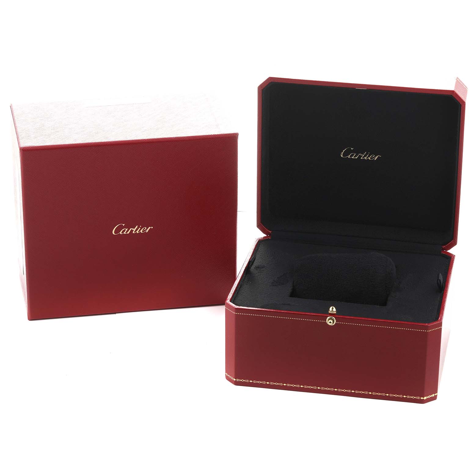 The image shows a Cartier Tank Francaise WE10456H Women's Rose Gold Silver Dial watch box set from a front angle, featuring an opened and closed red and black box with "Cartier" branding.