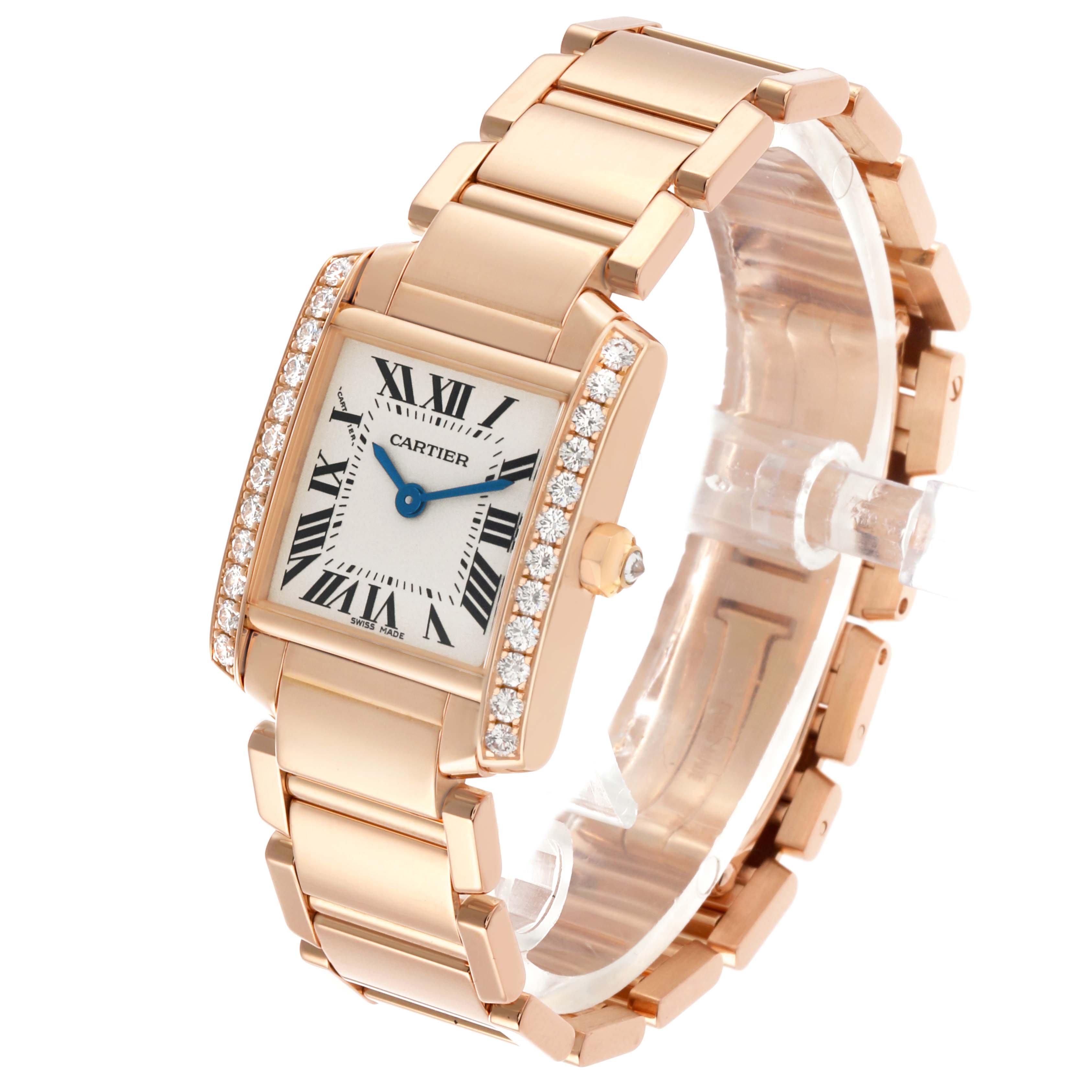 The Cartier Tank Française watch is shown at a three-quarter angle, highlighting the rose gold case, diamond bezel, and bracelet.