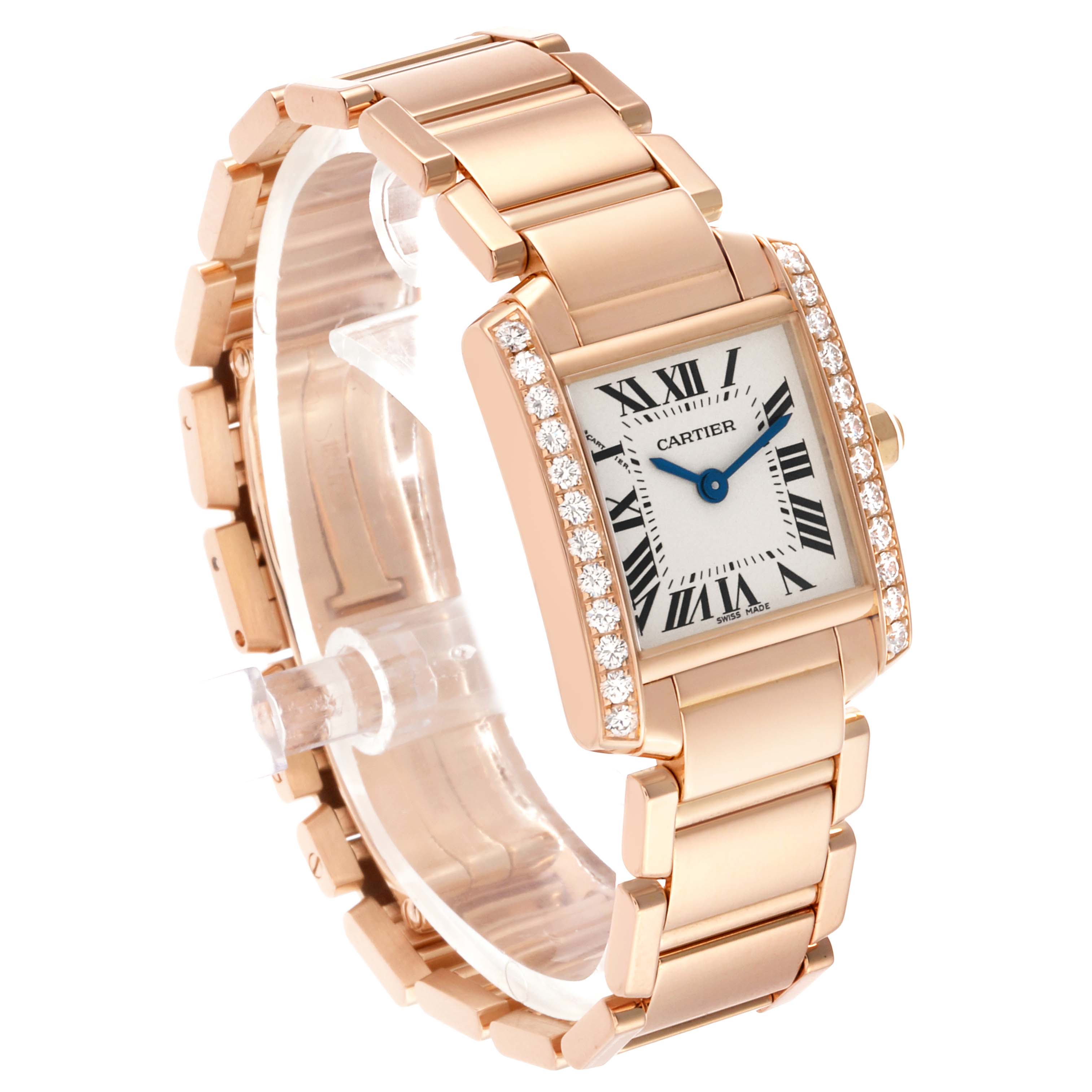 The Cartier Tank Francaise WE10456H Women's Rose Gold Silver Dial watch is shown at a three-quarter angle, highlighting the face, bezel with diamonds, and the bracelet.