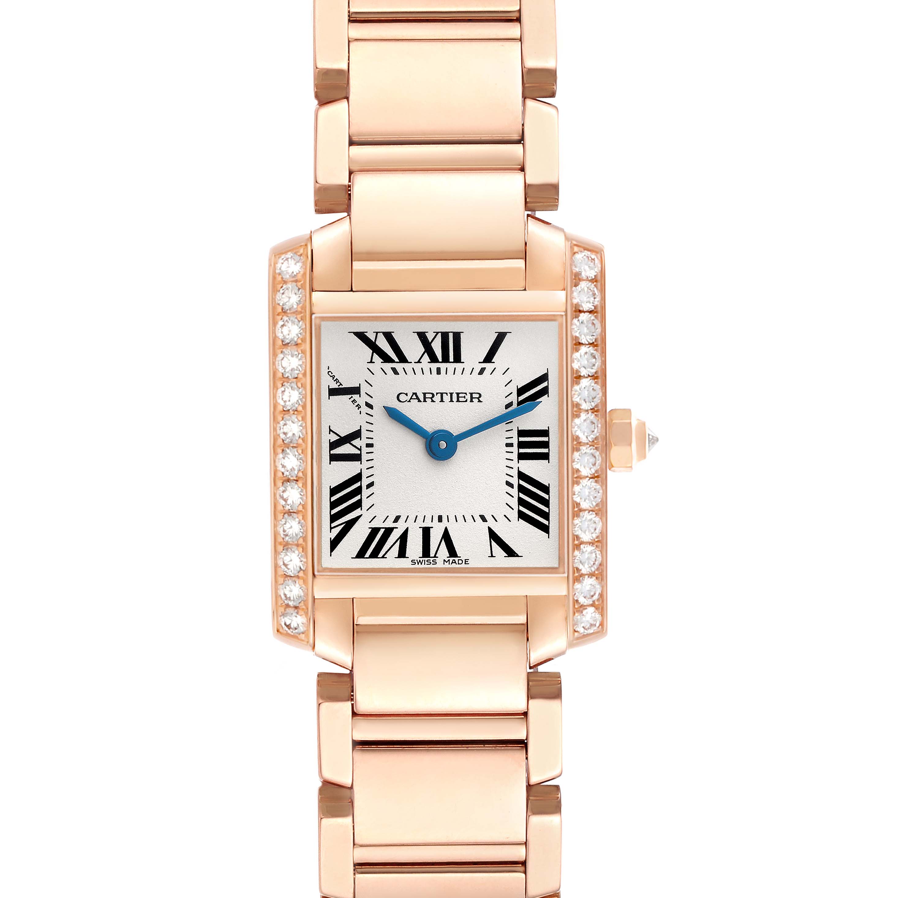 The Cartier Tank Française watch is shown from a front angle, displaying its face, bracelet, and diamond-encrusted case.