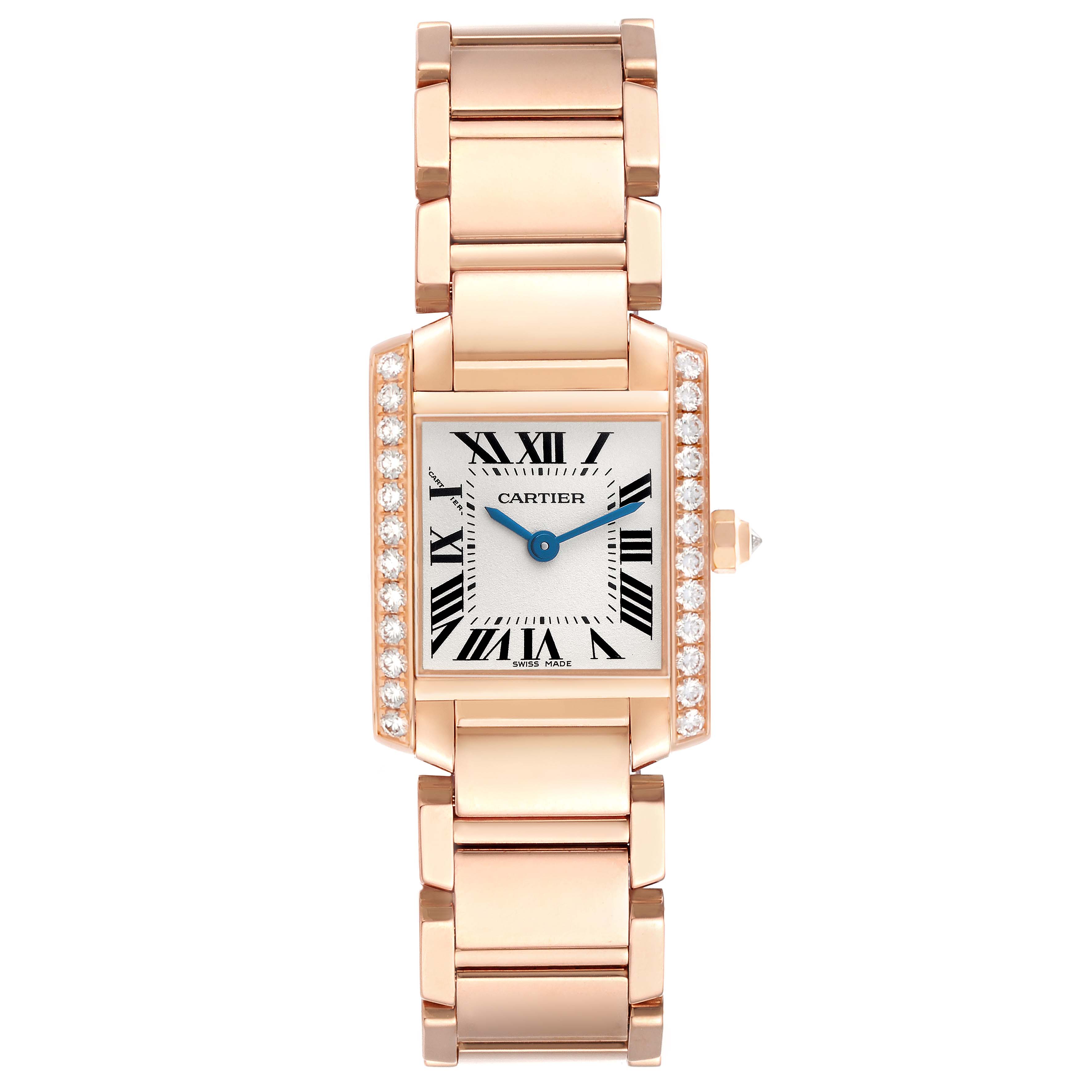 The Cartier Tank Francaise WE10456H Women's Rose Gold Silver Dial watch is shown from a top view, highlighting the face, bracelet, and diamond-set case.