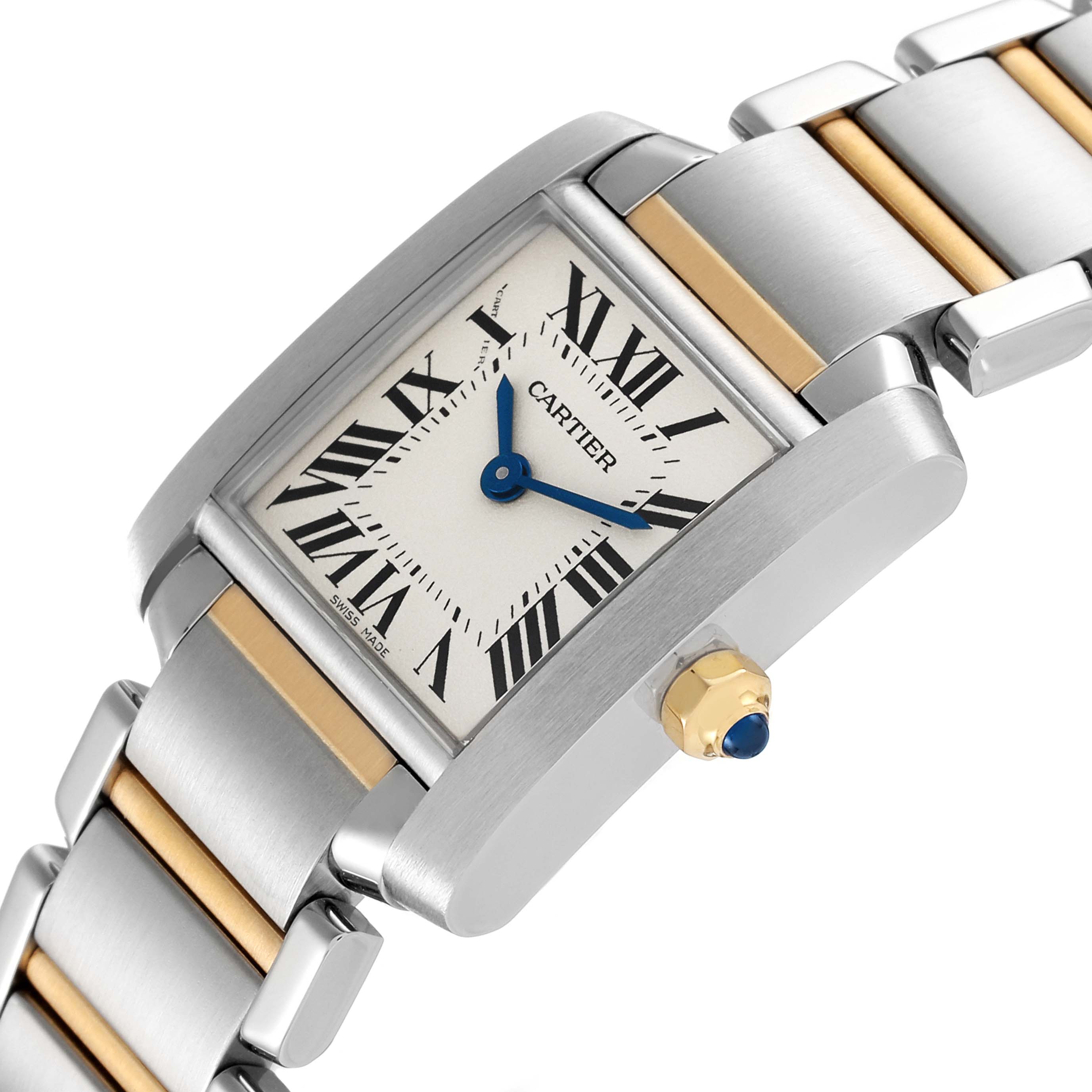 The Cartier Tank Francaise W51007Q4 Women's Steel and Gold (two tone) Silver Dial W51007Q4 Women's Steel and Gold (two tone) Silver Dial watch is shown at a diagonal angle highlighting its face, crown, and bracelet.