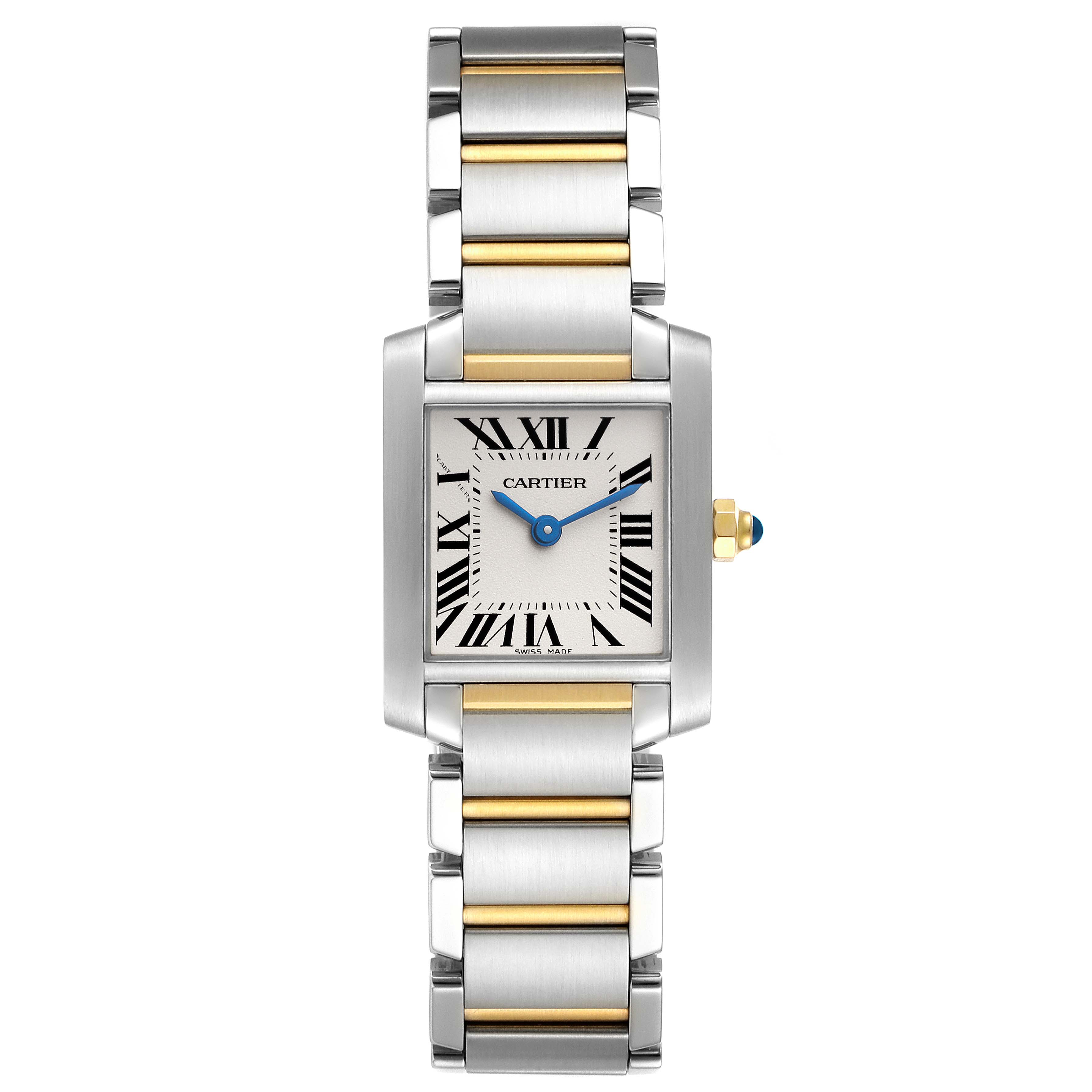 This image shows a front view of the Cartier Tank Francaise W51007Q4 Women's Steel and Gold (two tone) Silver Dial W51007Q4 Women's Steel and Gold (two tone) Silver Dial watch, displaying its rectangular face and two-tone bracelet.