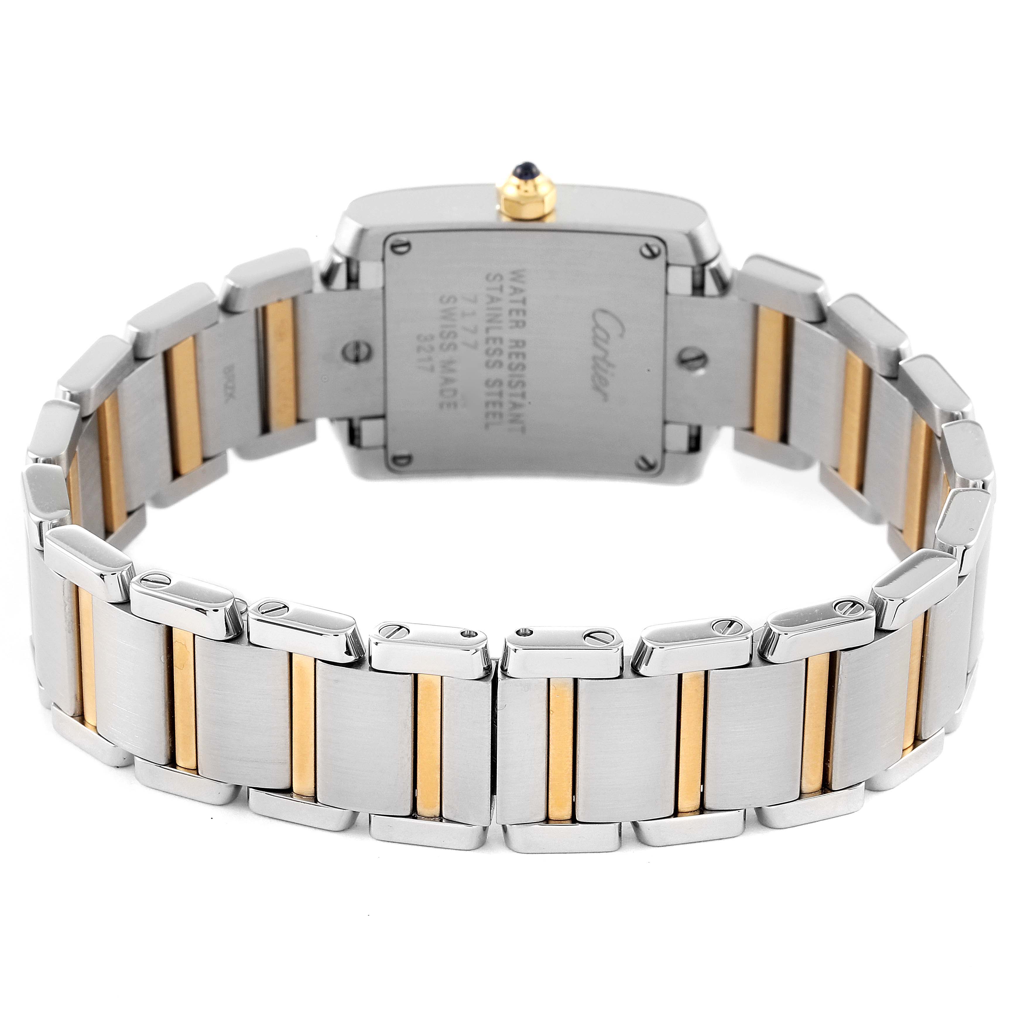 This image shows the back view of the Cartier Tank Française watch, highlighting its stainless steel and gold bracelet.
