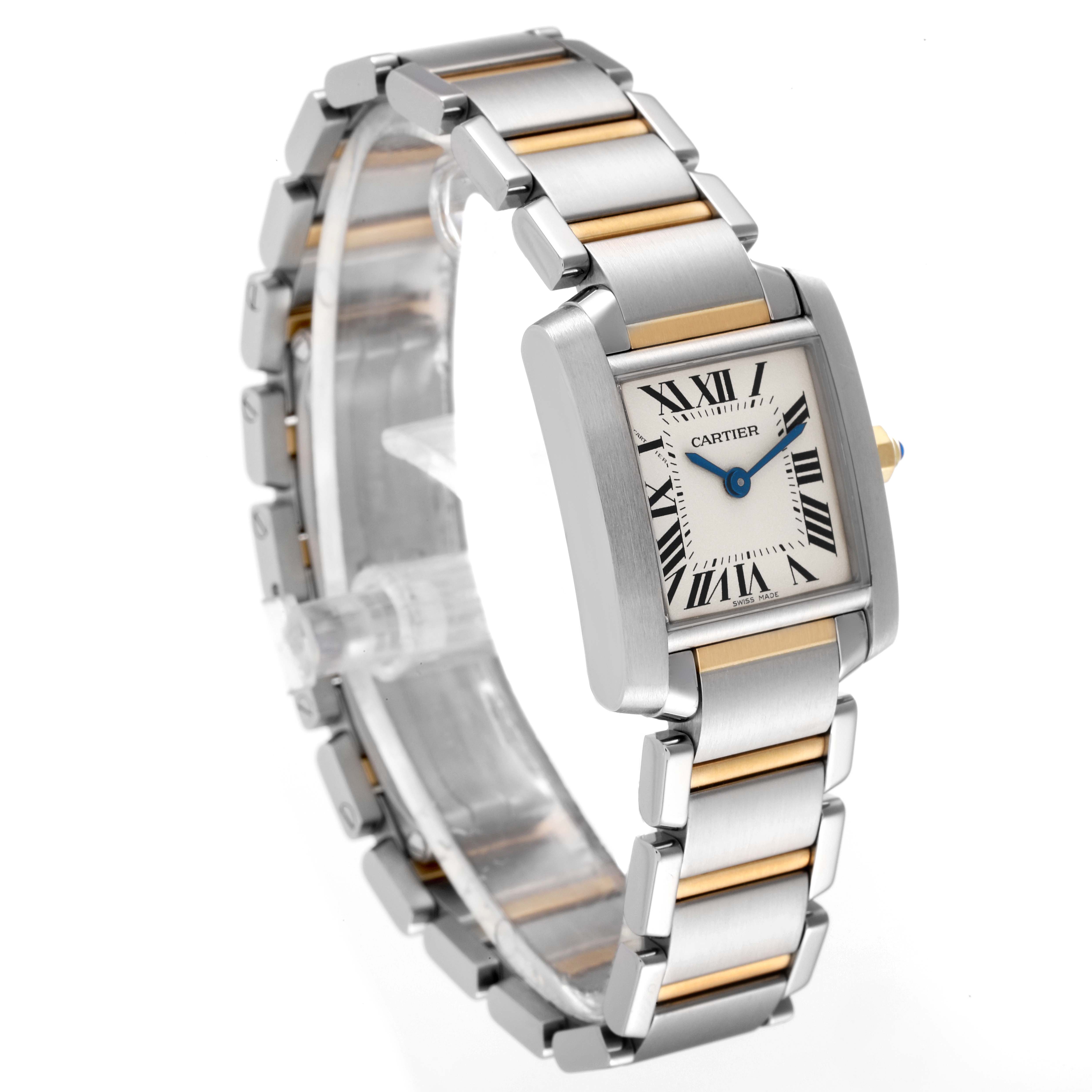 The image displays a Cartier Tank Française watch at a slight angle, showing its rectangular face and dual-tone metal bracelet.