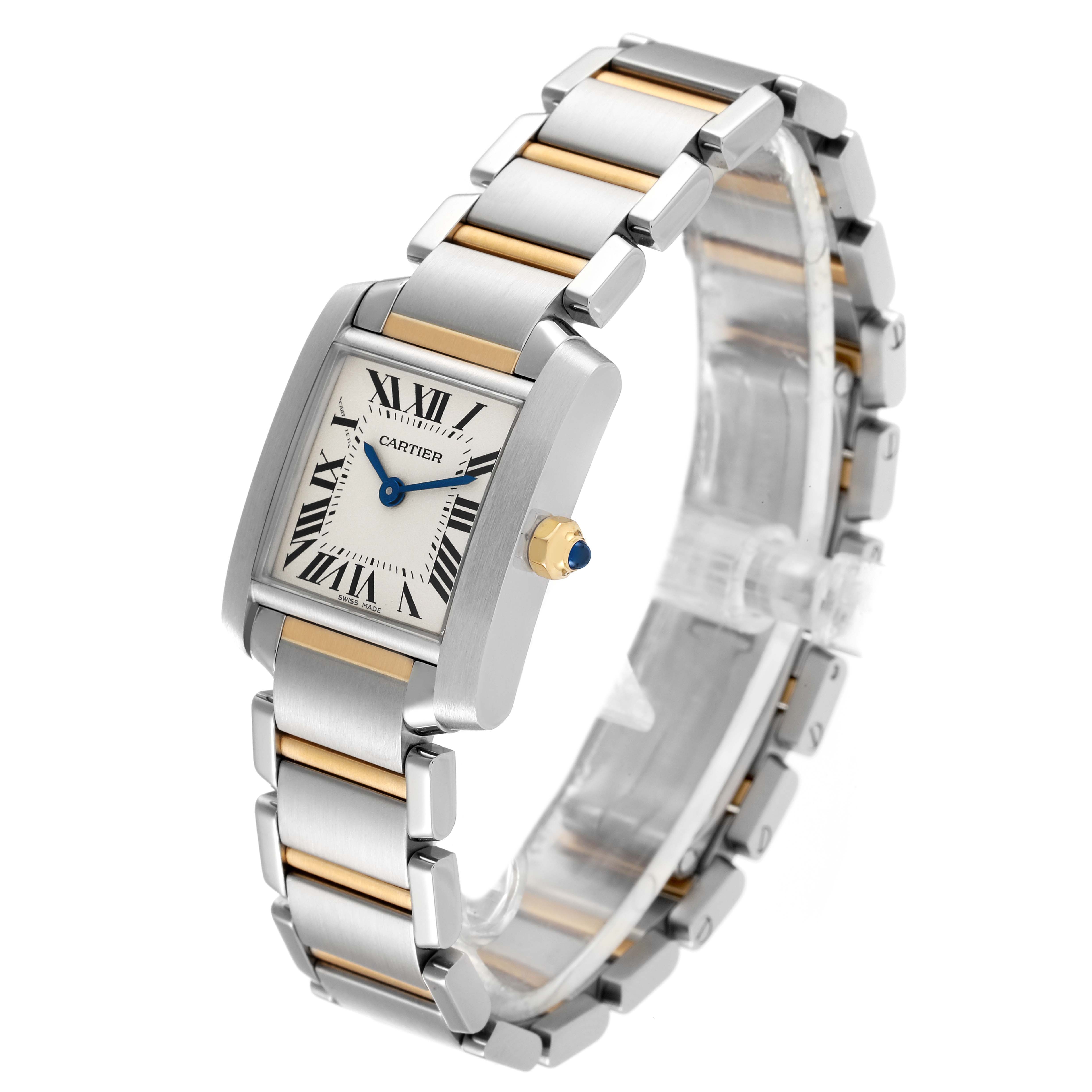This Cartier Tank Francaise W51007Q4 Women's Steel and Gold (two tone) Silver Dial W51007Q4 Women's Steel and Gold (two tone) Silver Dial watch is shown at an angled view, highlighting the face, Roman numerals, and the two-tone metal bracelet.